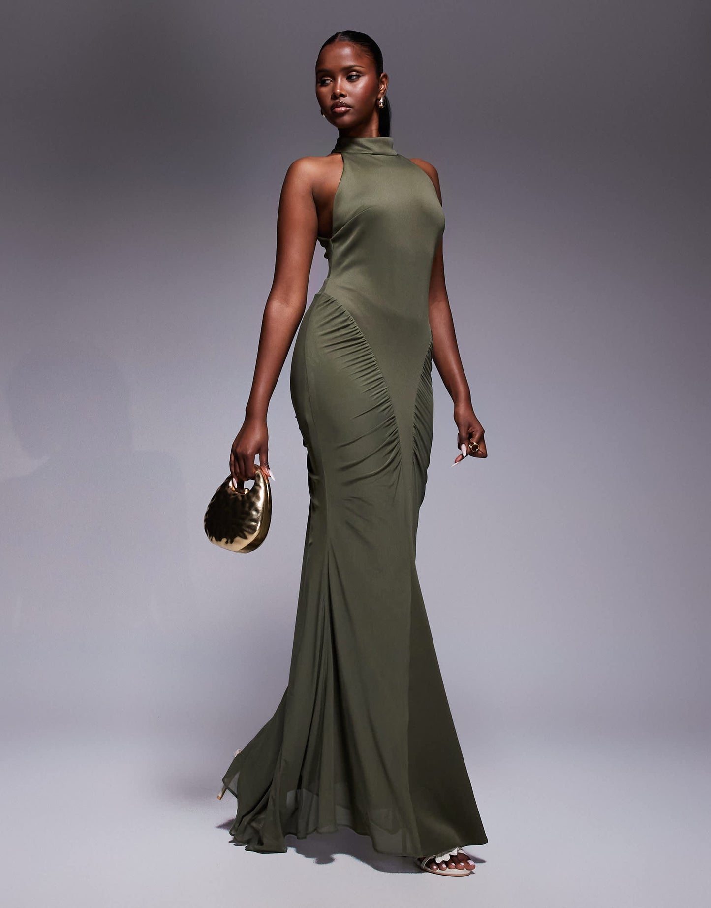ASOS DESIGN Premium high neck maxi dress with super ruched channels in khaki