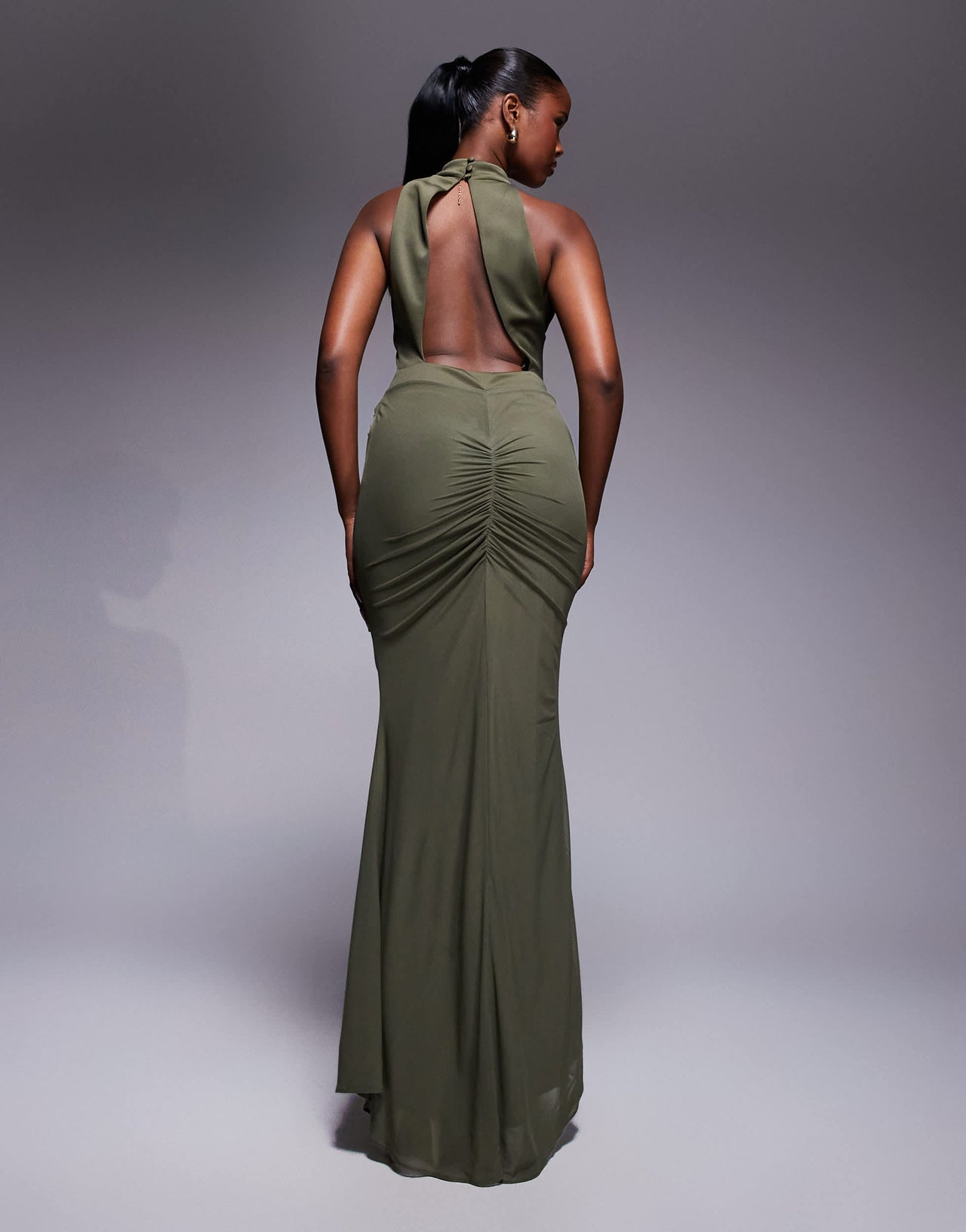ASOS DESIGN Premium high neck maxi dress with super ruched channels in khaki
