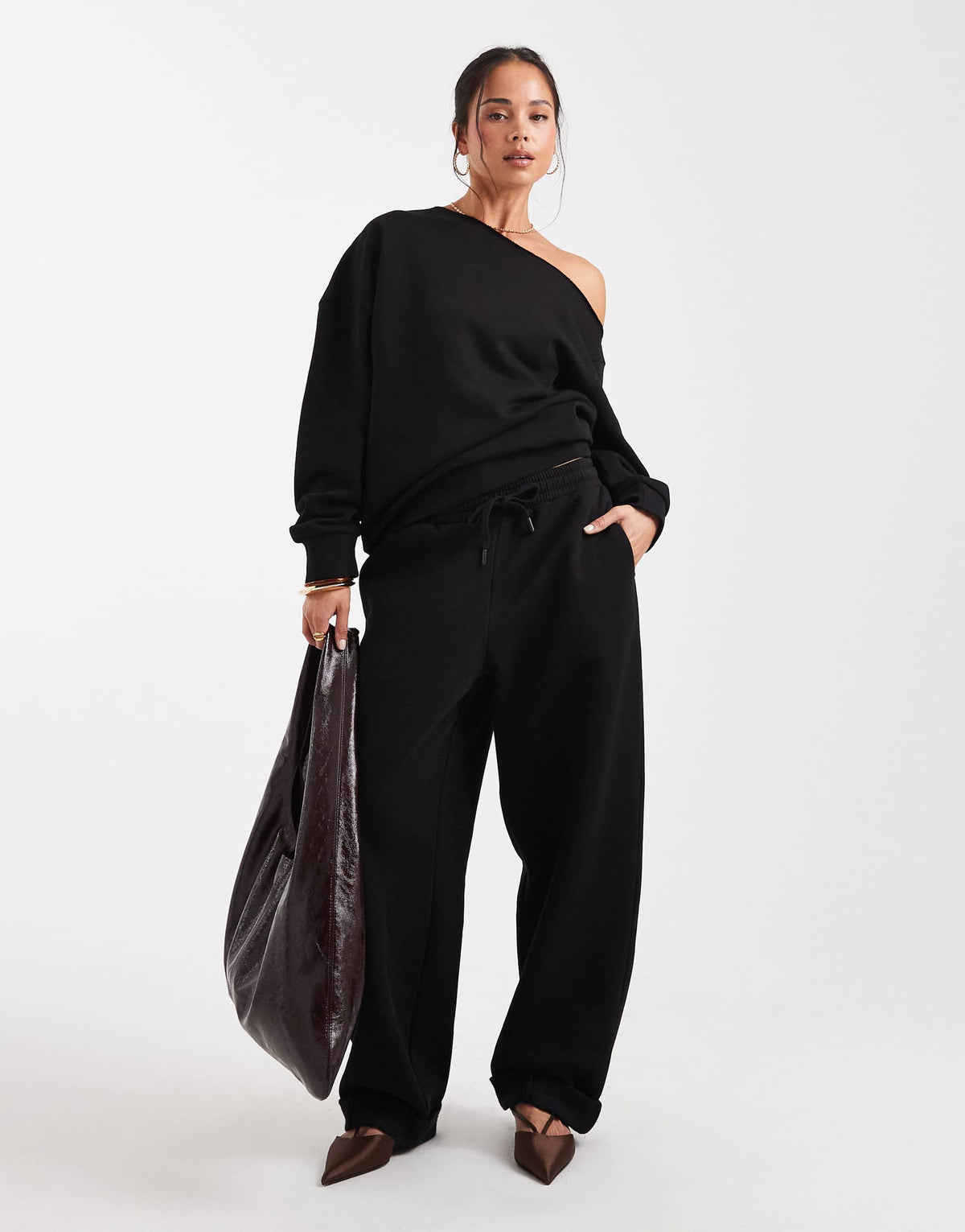 ASOS DESIGN oversized brushback jogger with turnback hem detail in black