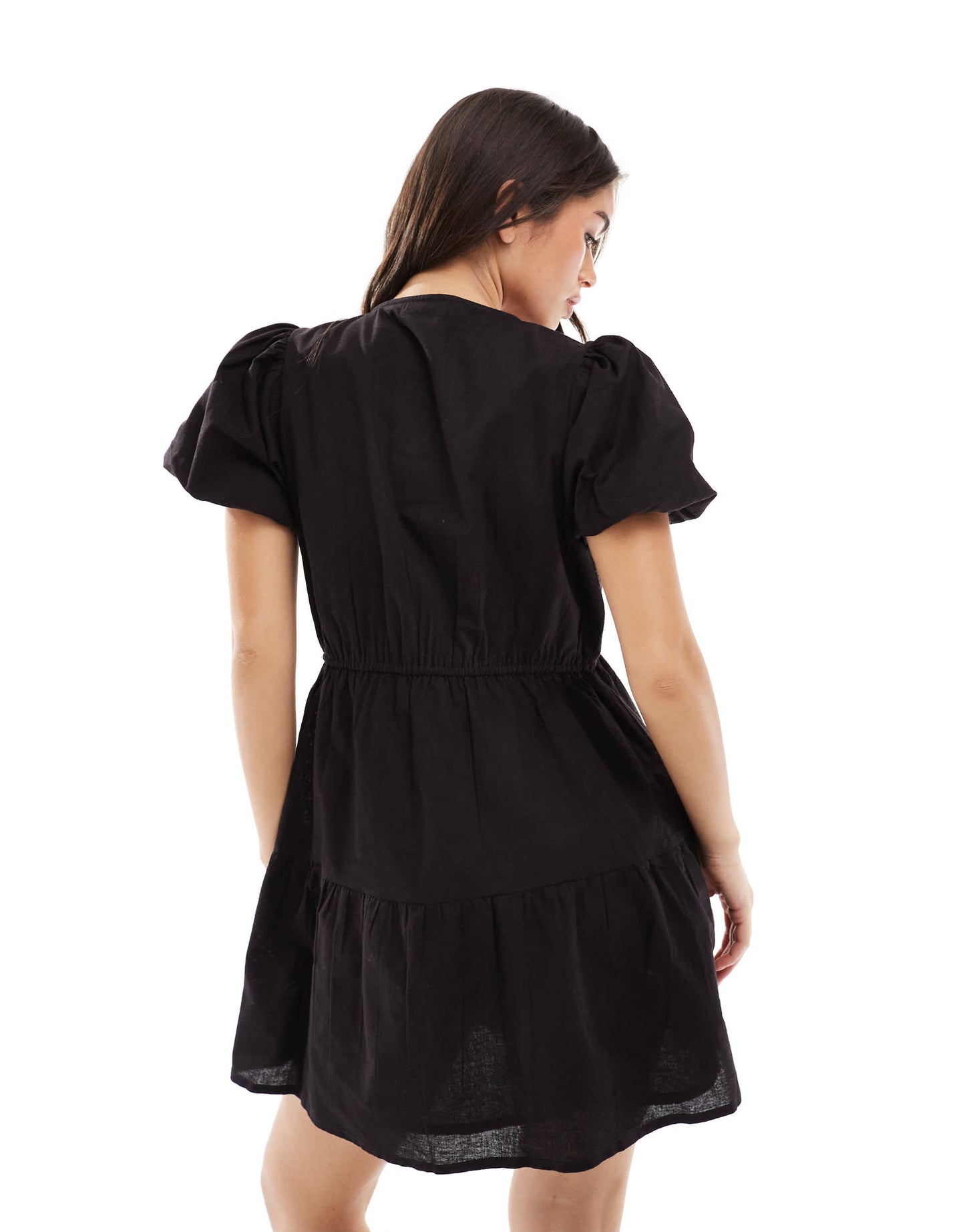 Wednesday's Girl tie detail puff sleeve linen dress in black