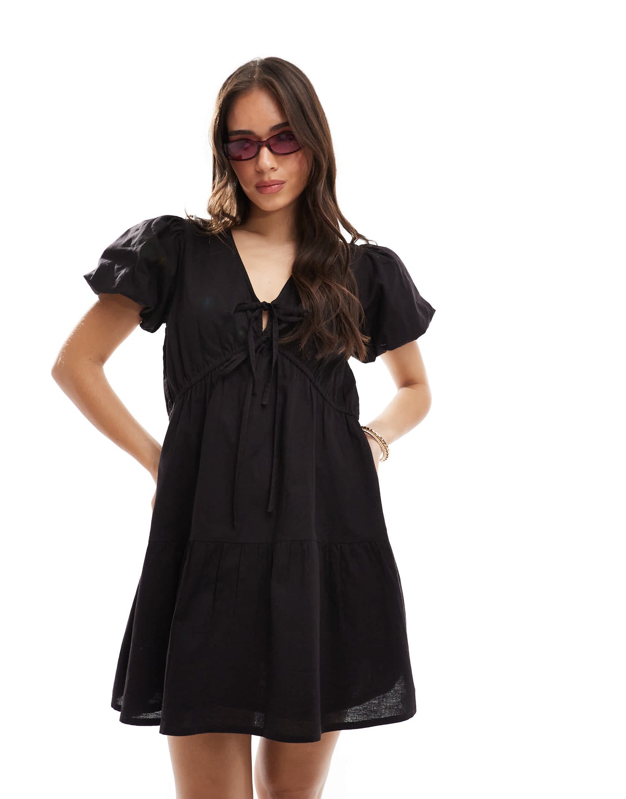 Wednesday's Girl tie detail puff sleeve linen dress in black