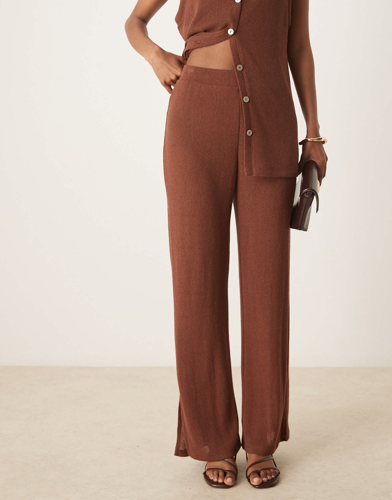Nobody's Child wide leg textured trousers co-ord in brown
