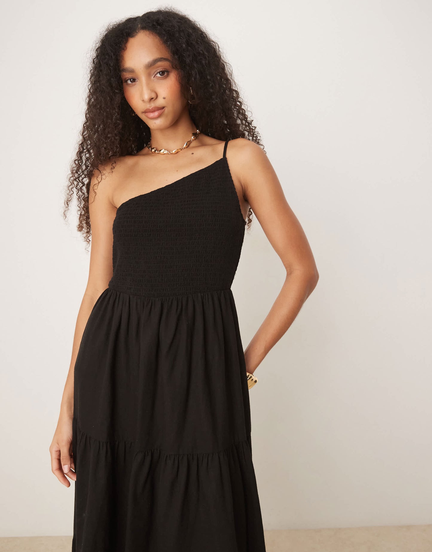 Nobody's Child Frome one shoulder shirred midi dress in black