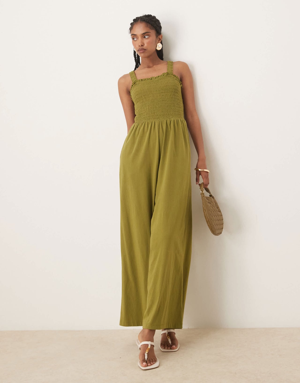 Nobody's Child shirred bodice wide leg jumpsuit in khaki