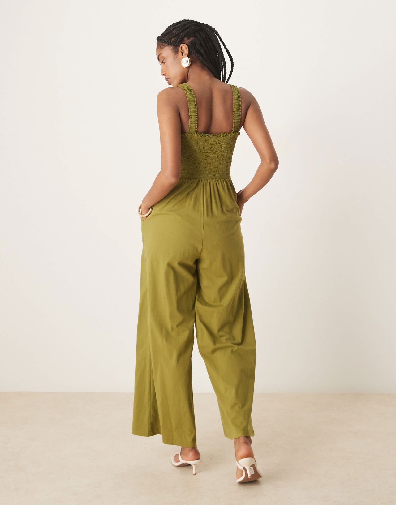 Nobody's Child shirred bodice wide leg jumpsuit in khaki
