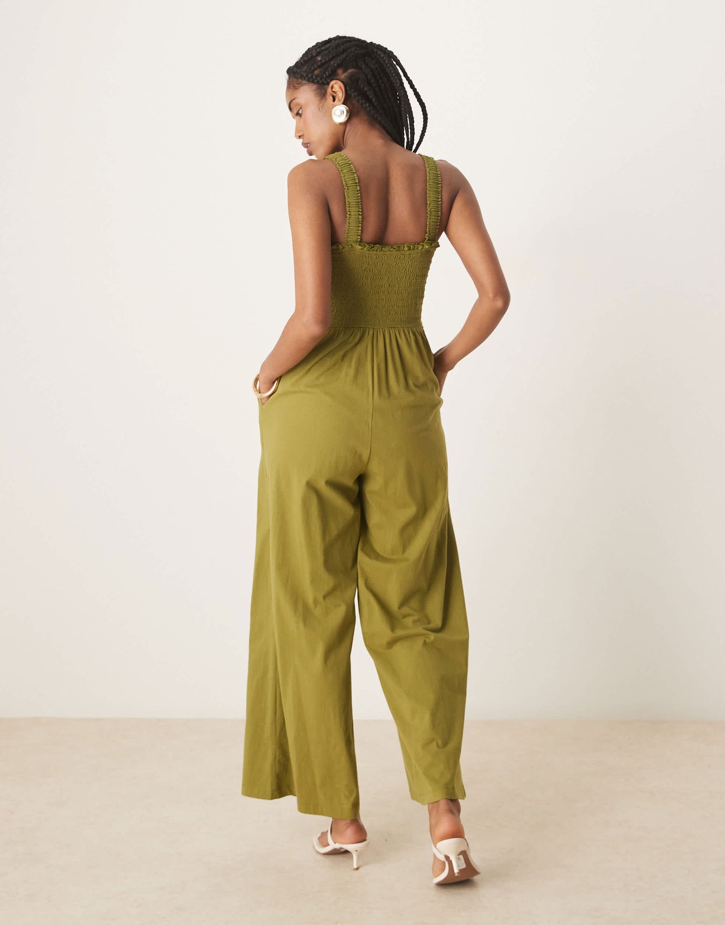 Nobody's Child shirred bodice wide leg jumpsuit in khaki