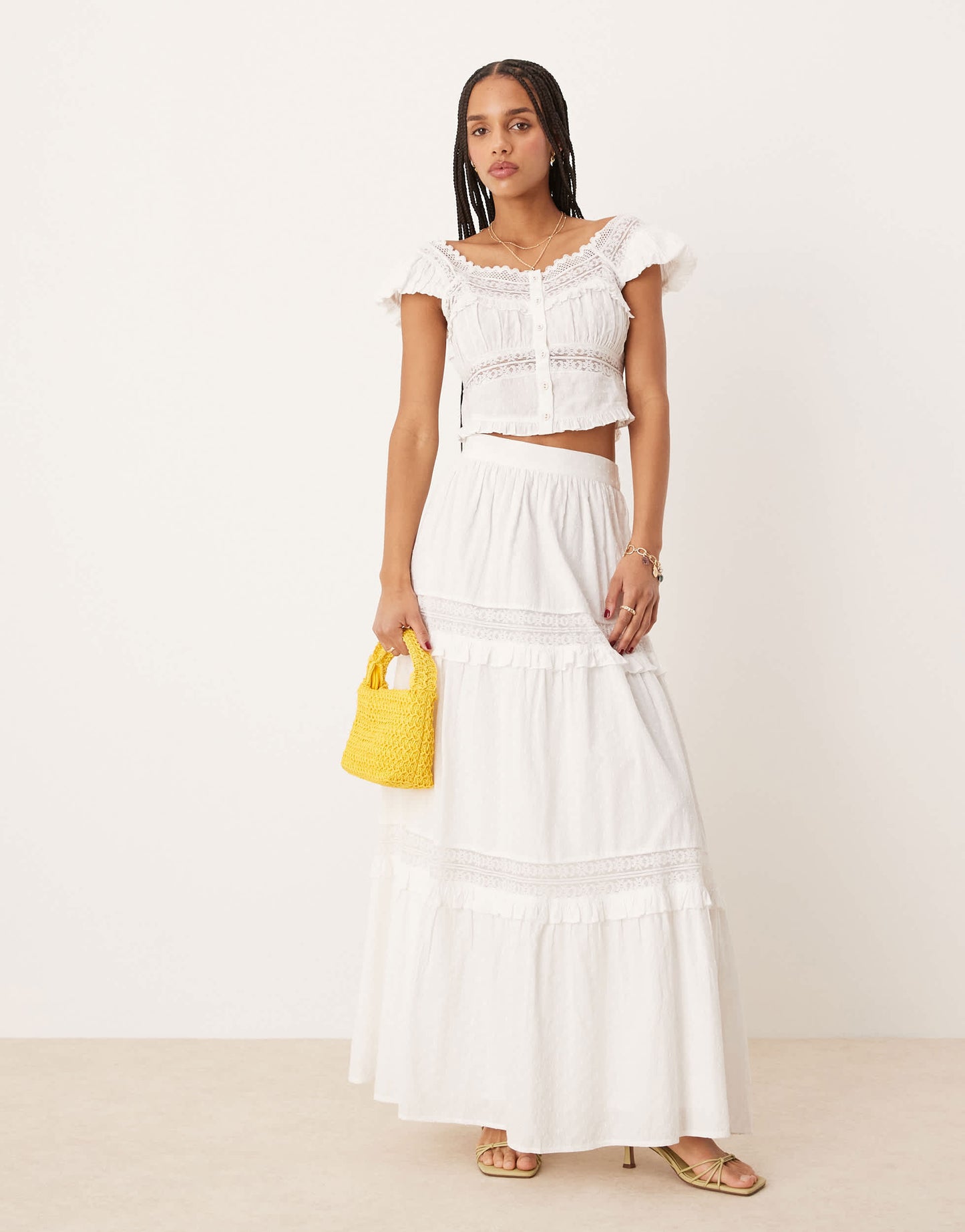 Nobody's Child Lola panelled milkmaid crop top co-ord in white