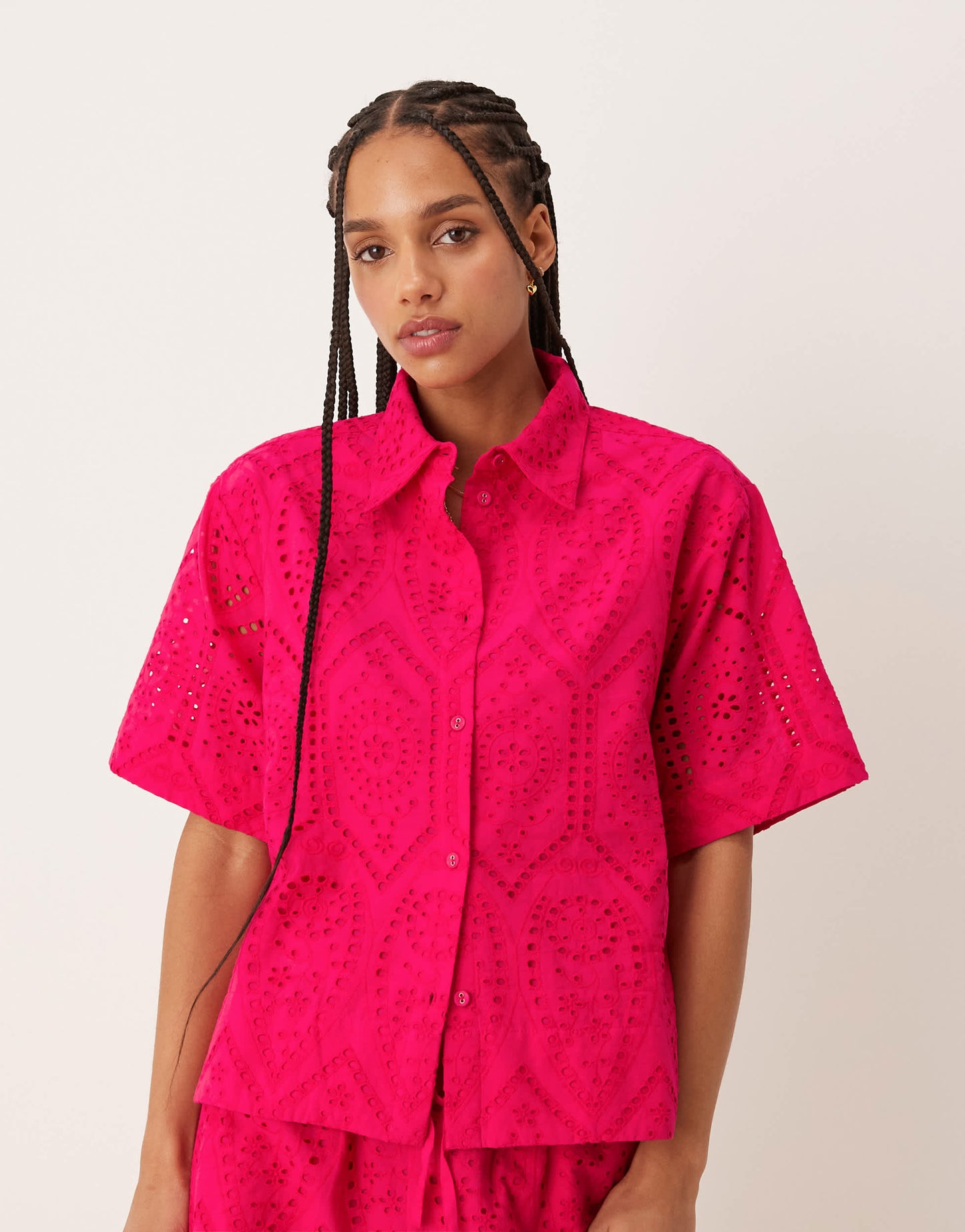 Nobody's Child Bennie cropped shirt co-ord in pink broderie