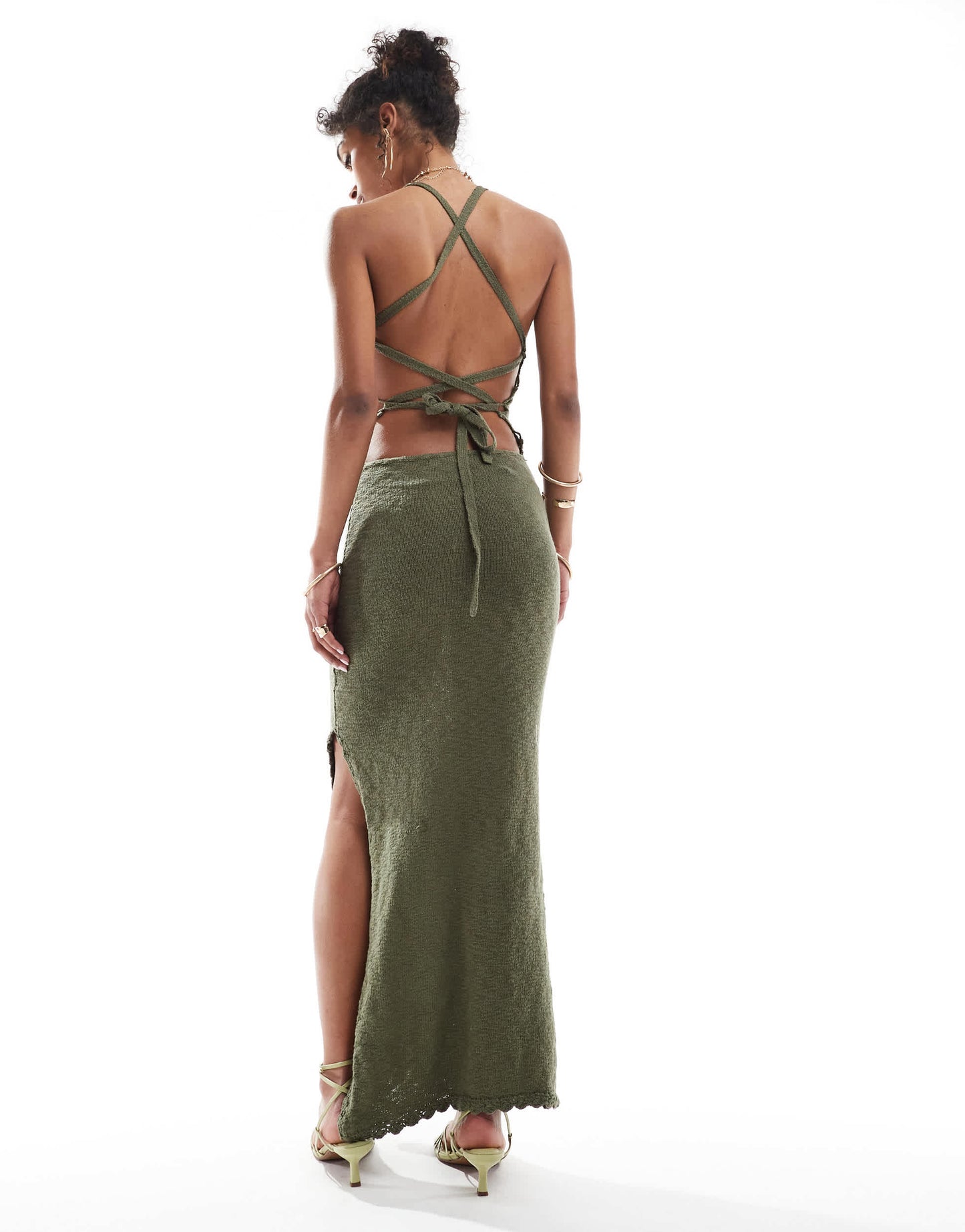Bershka flower applique knitted maxi dress in khaki