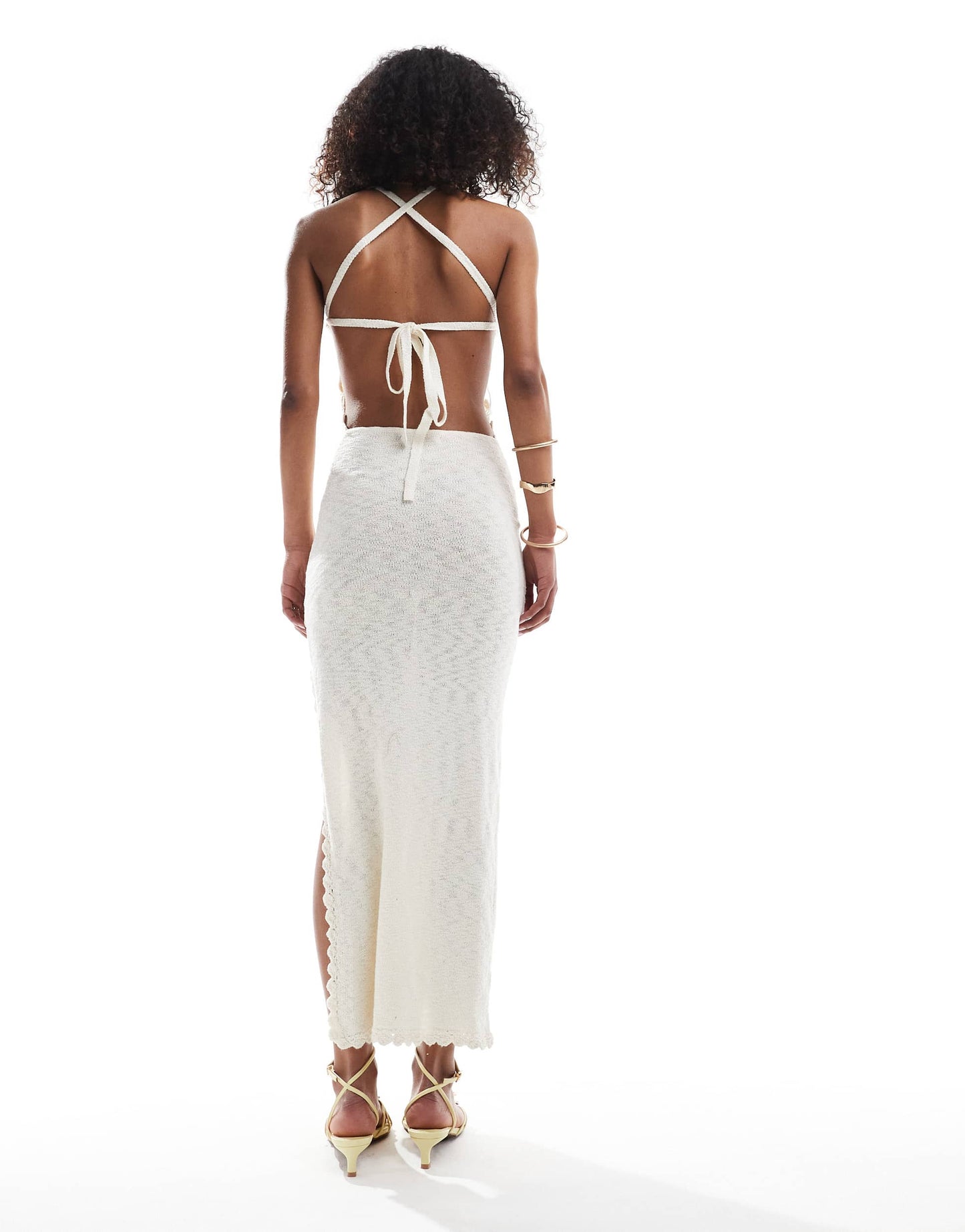 Bershka flower applique knitted maxi dress in ecru
