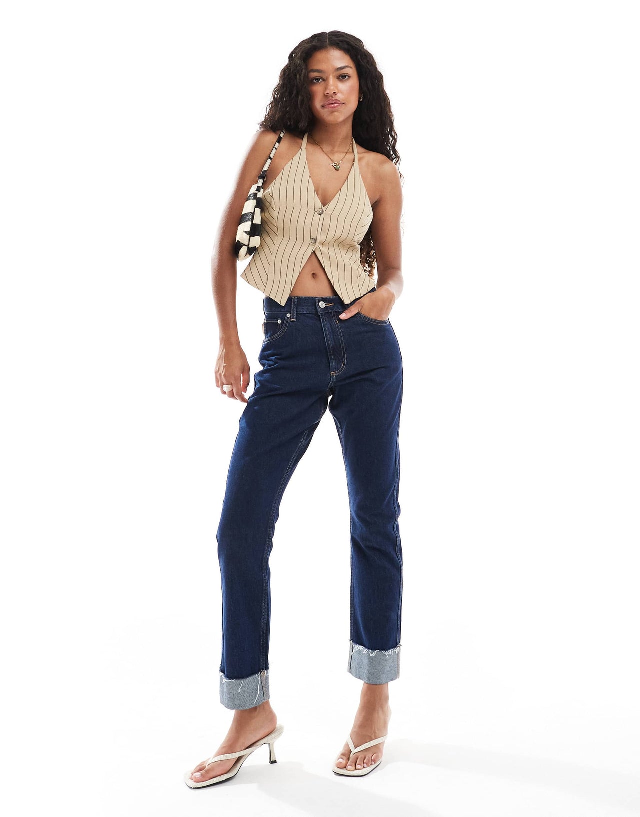 Bershka halterneck linen waistcoat in camel
