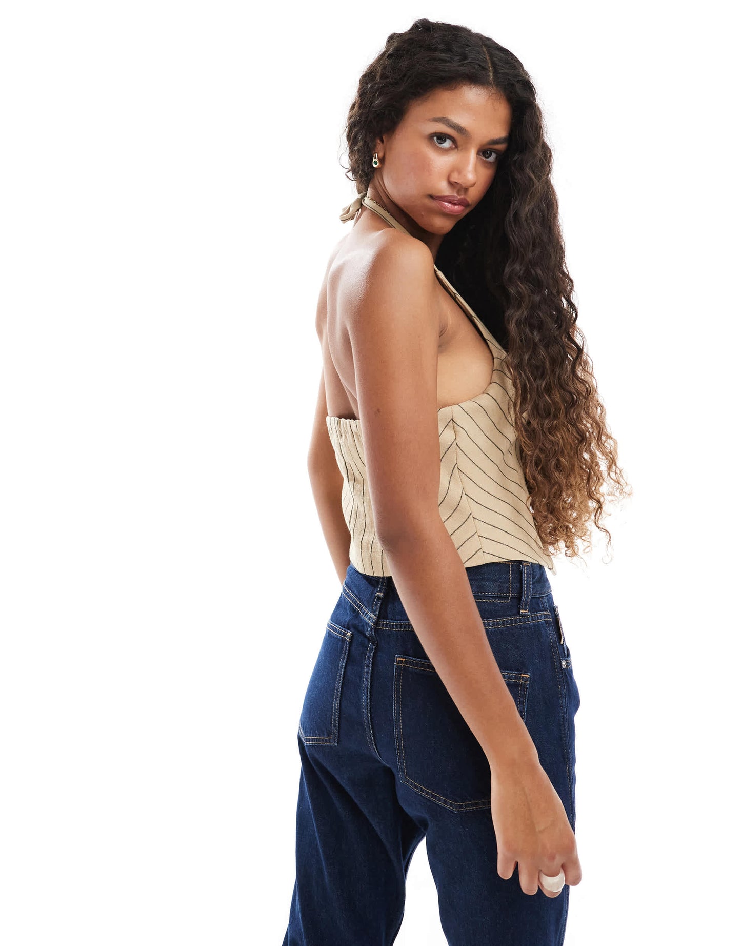 Bershka halterneck linen waistcoat in camel