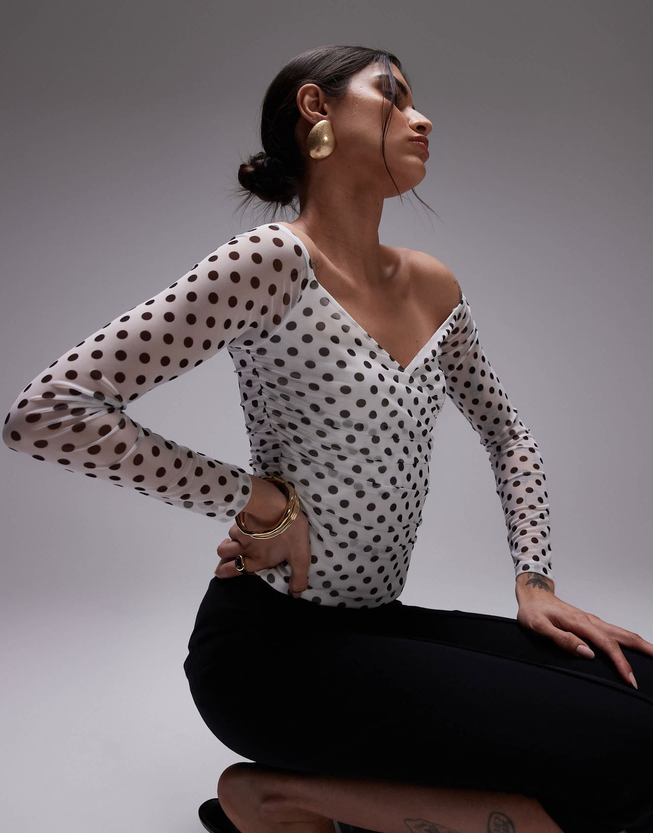 ASOS DESIGN mesh wrap bardot top in white polka dot