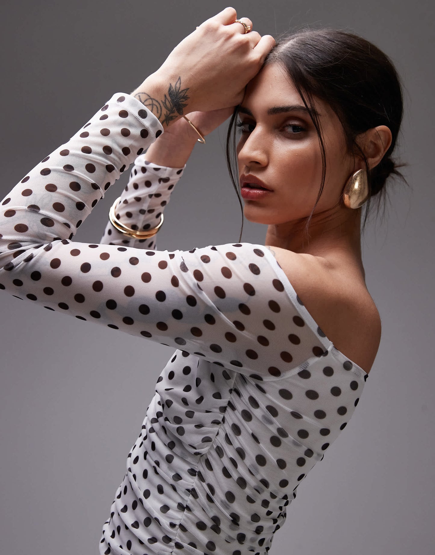 ASOS DESIGN mesh wrap bardot top in white polka dot