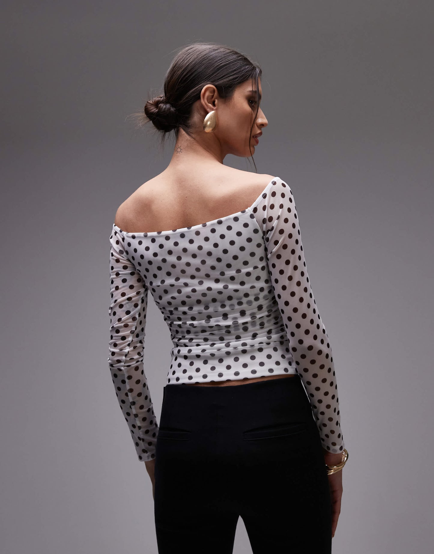 ASOS DESIGN mesh wrap bardot top in white polka dot