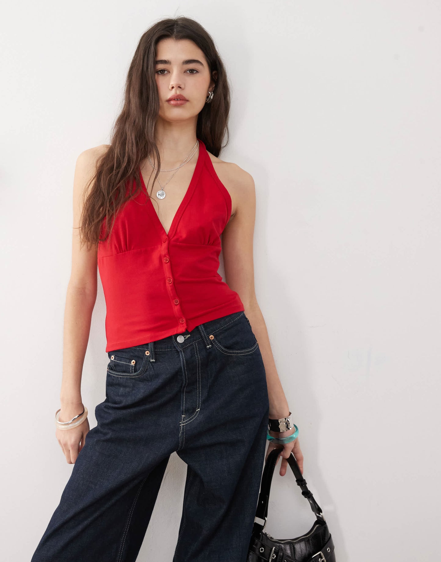 COLLUSION buttoned halter top in red