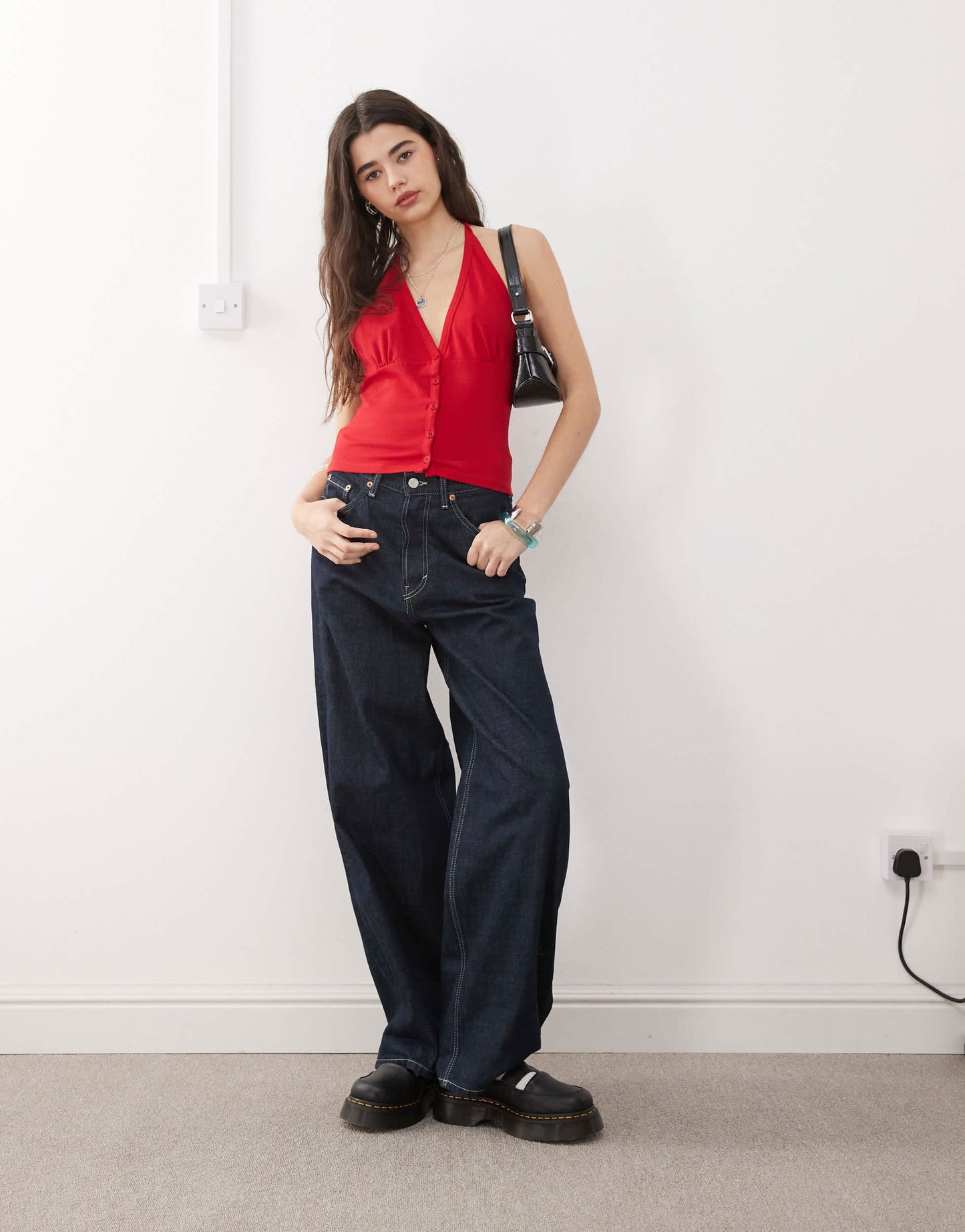 COLLUSION buttoned halter top in red