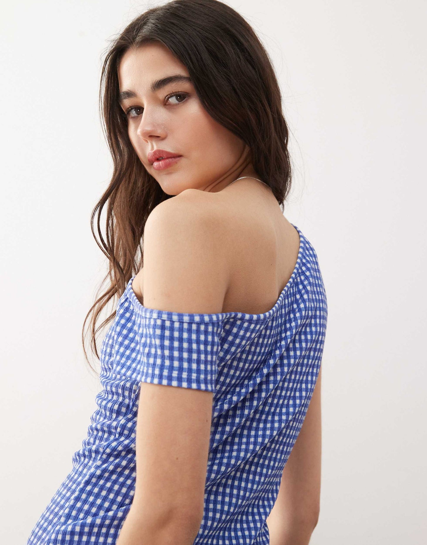 COLLUSION gingham off shoulder mini dress in blue