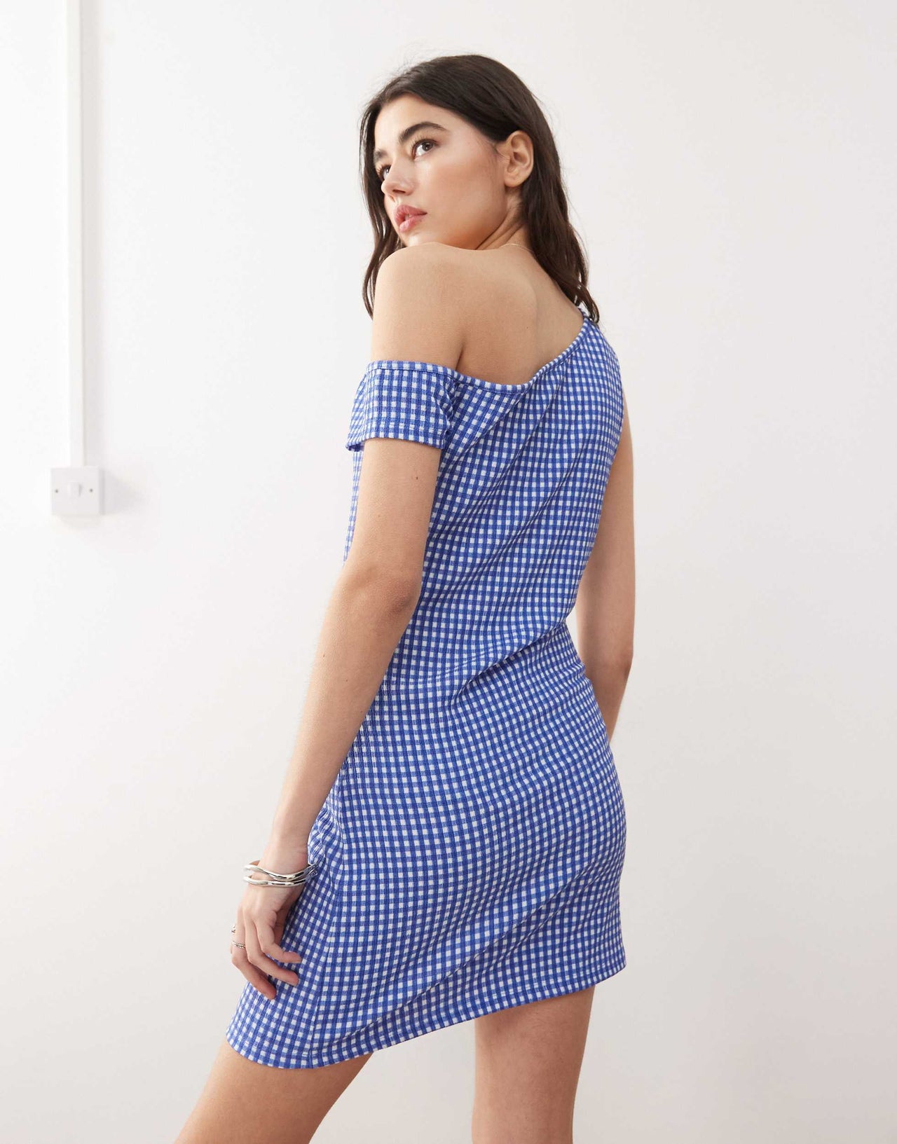 COLLUSION gingham off shoulder mini dress in blue