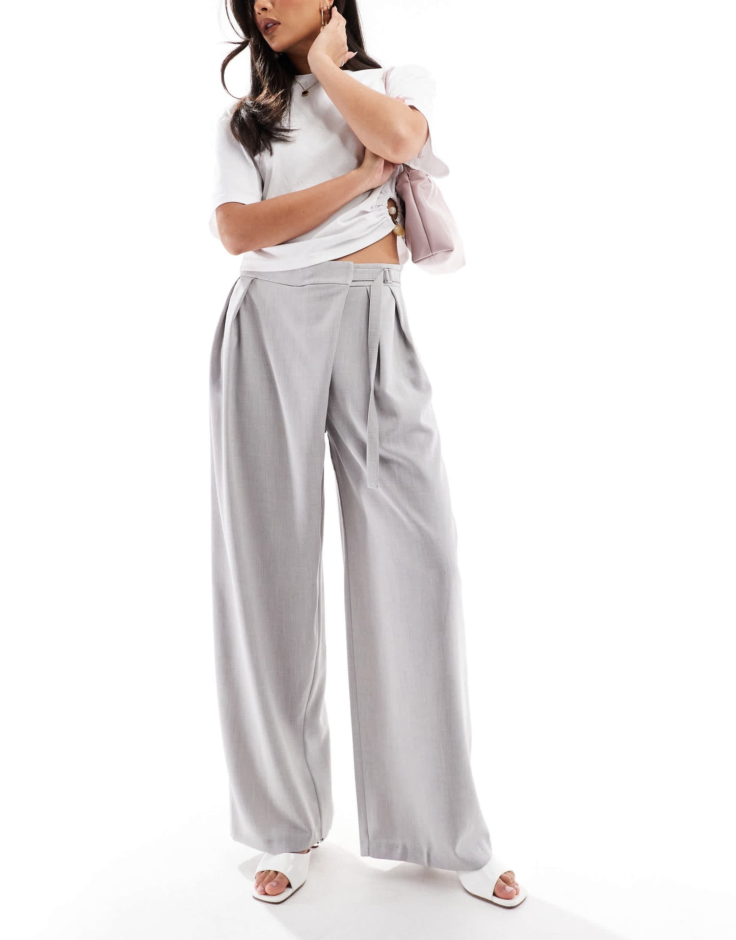 Bershka high waisted tie detail wide leg tailored trousers in grey