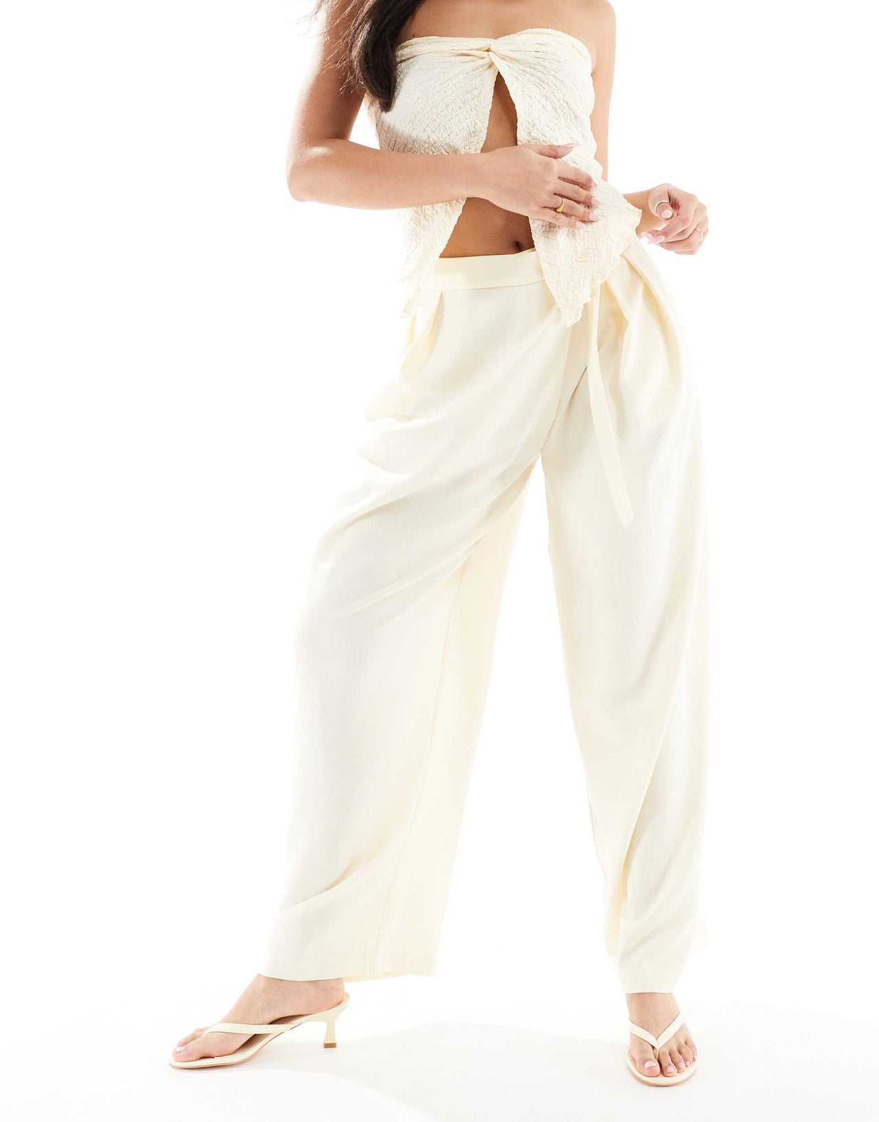 Bershka high waisted tie detail wide leg tailored trousers in butter