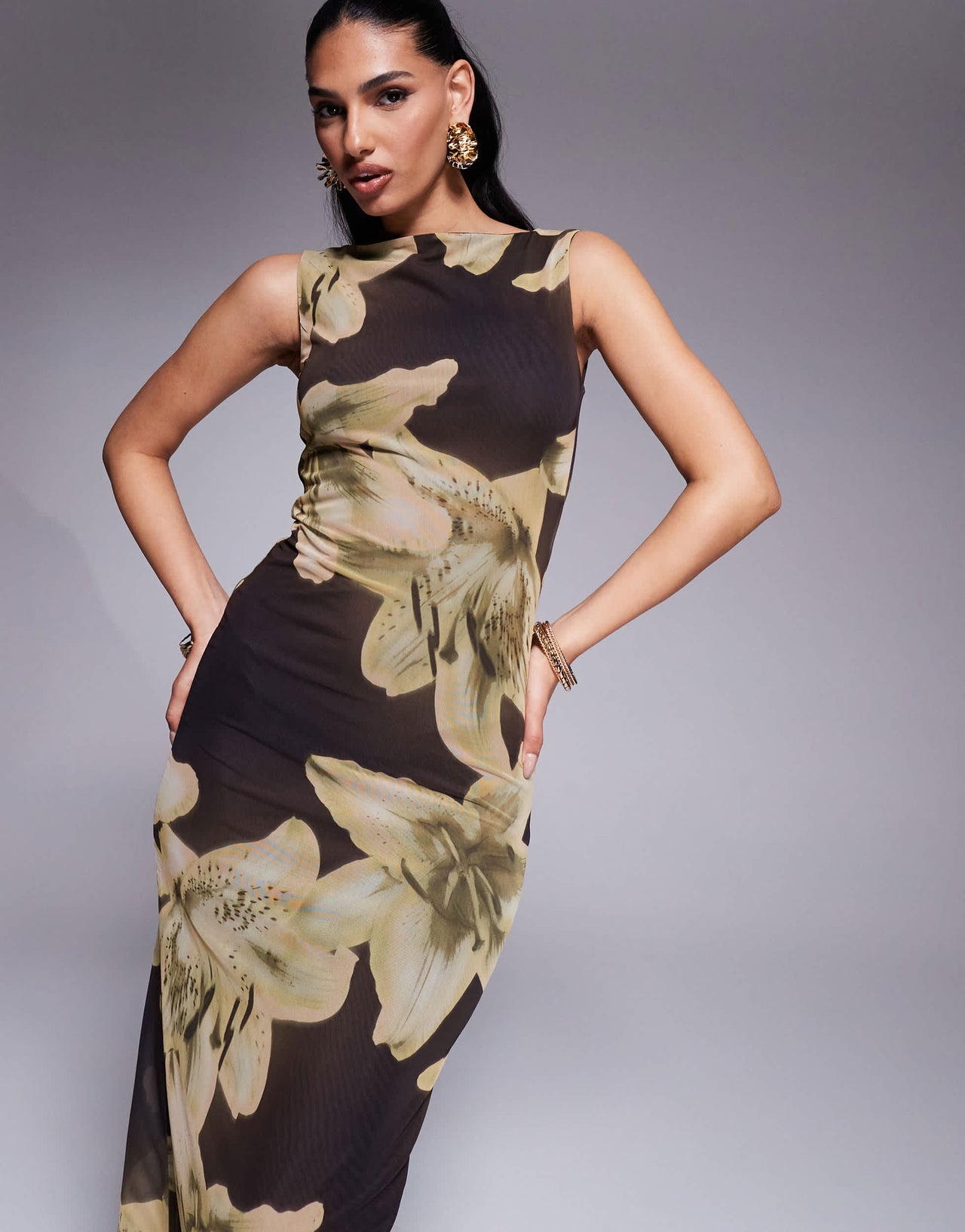 ASOS DESIGN oversized floral printed mesh slash neck maxi dress in brown