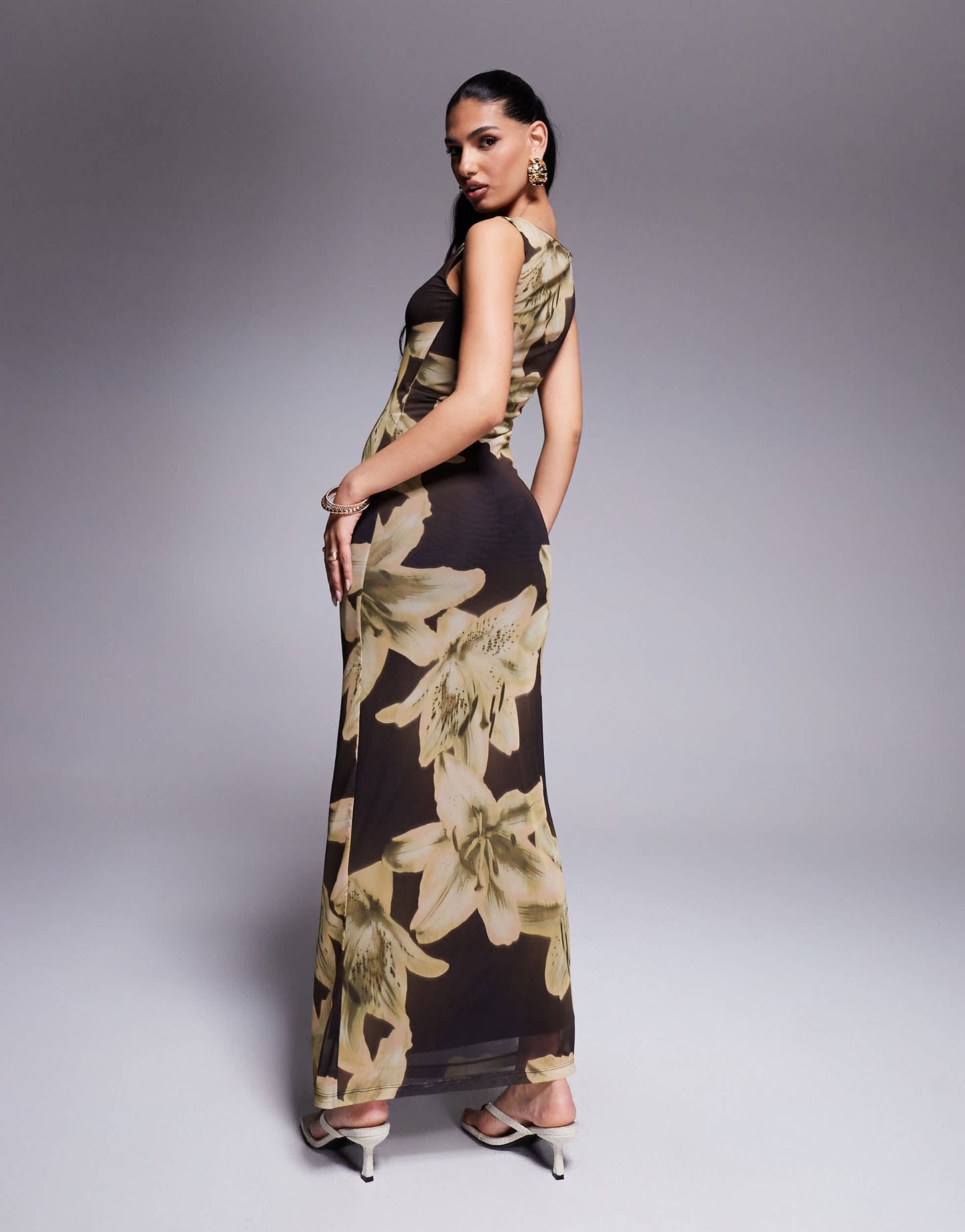 ASOS DESIGN oversized floral printed mesh slash neck maxi dress in brown