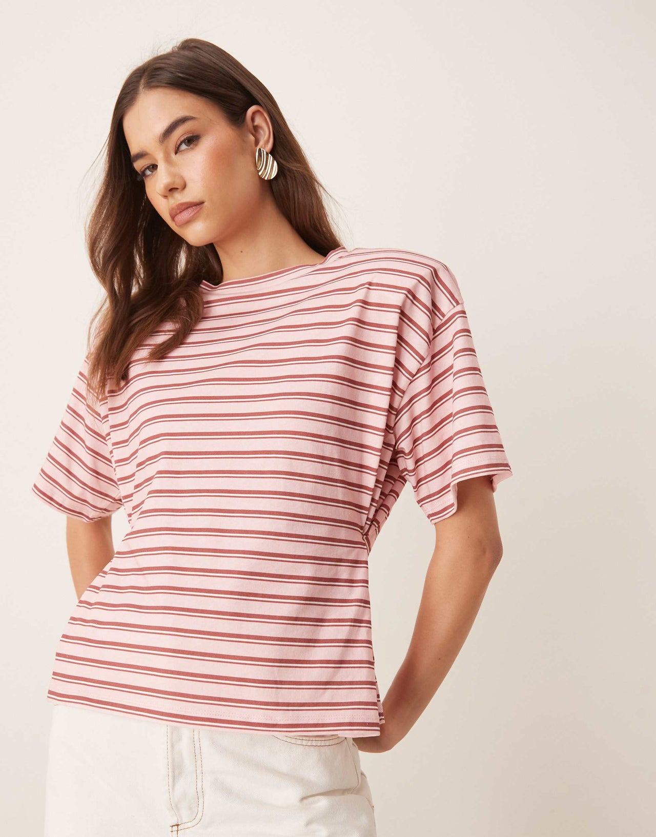 ASOS DESIGN stripe cinched t shirt with shoulder pads in pink