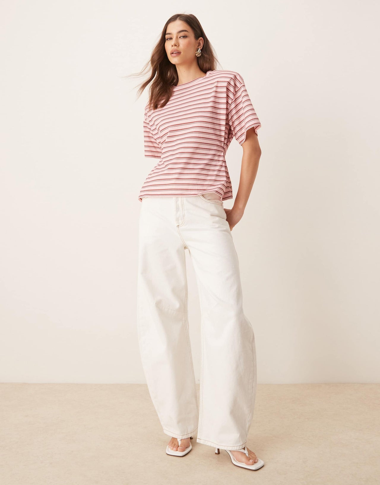 ASOS DESIGN stripe cinched t shirt with shoulder pads in pink