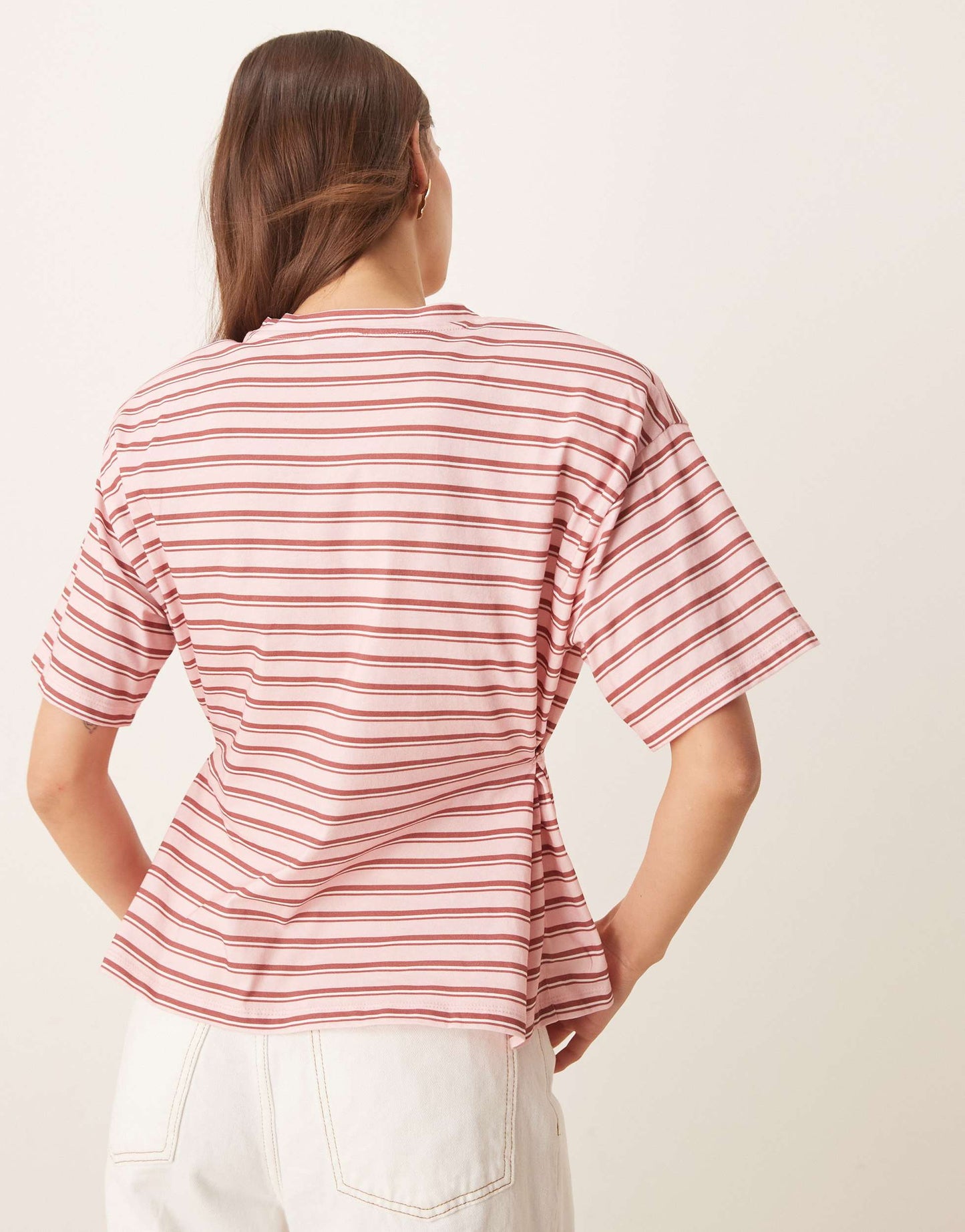 ASOS DESIGN stripe cinched t shirt with shoulder pads in pink