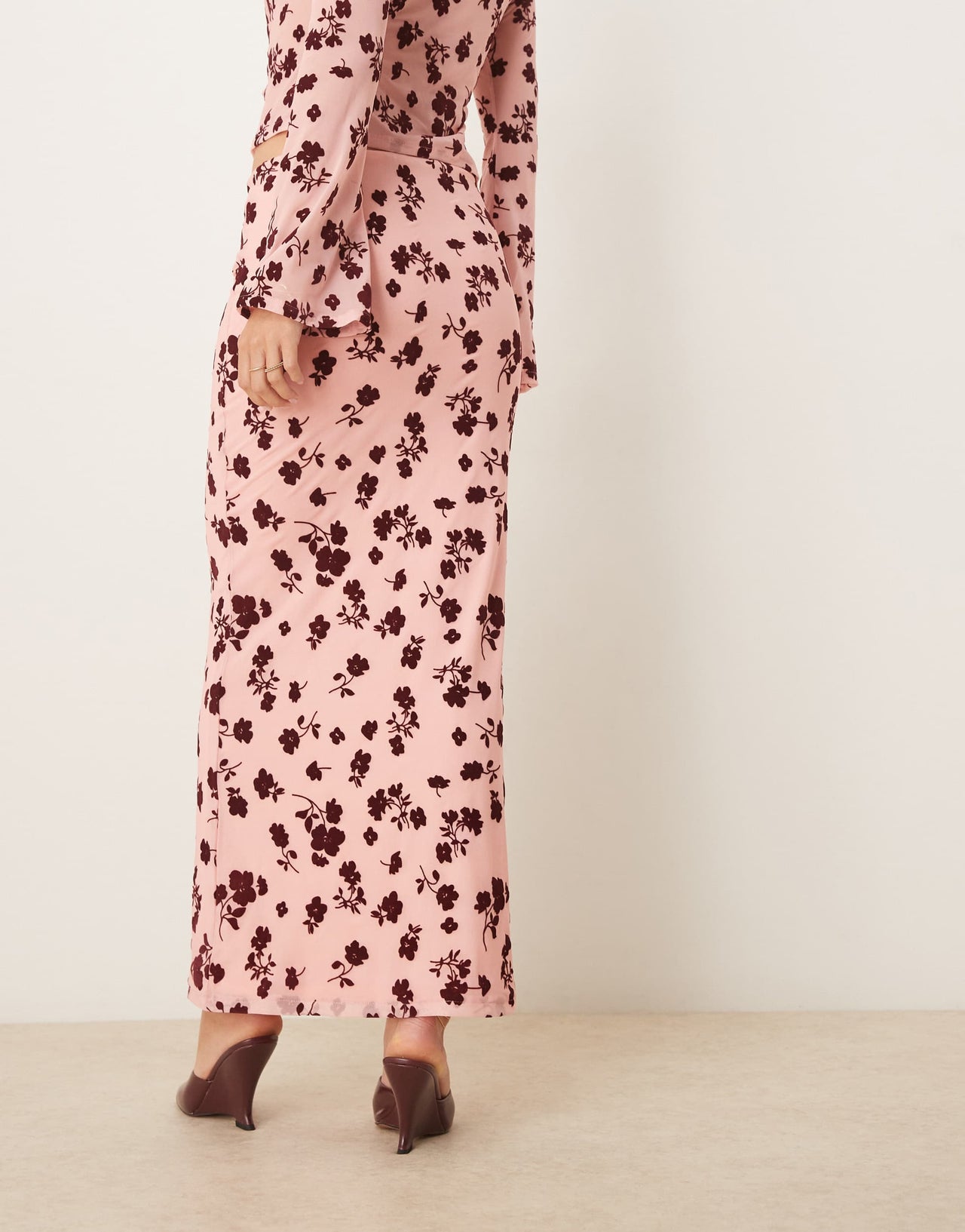 ASOS DESIGN maxi low rise floral flocked sheer skirt co ord in pink