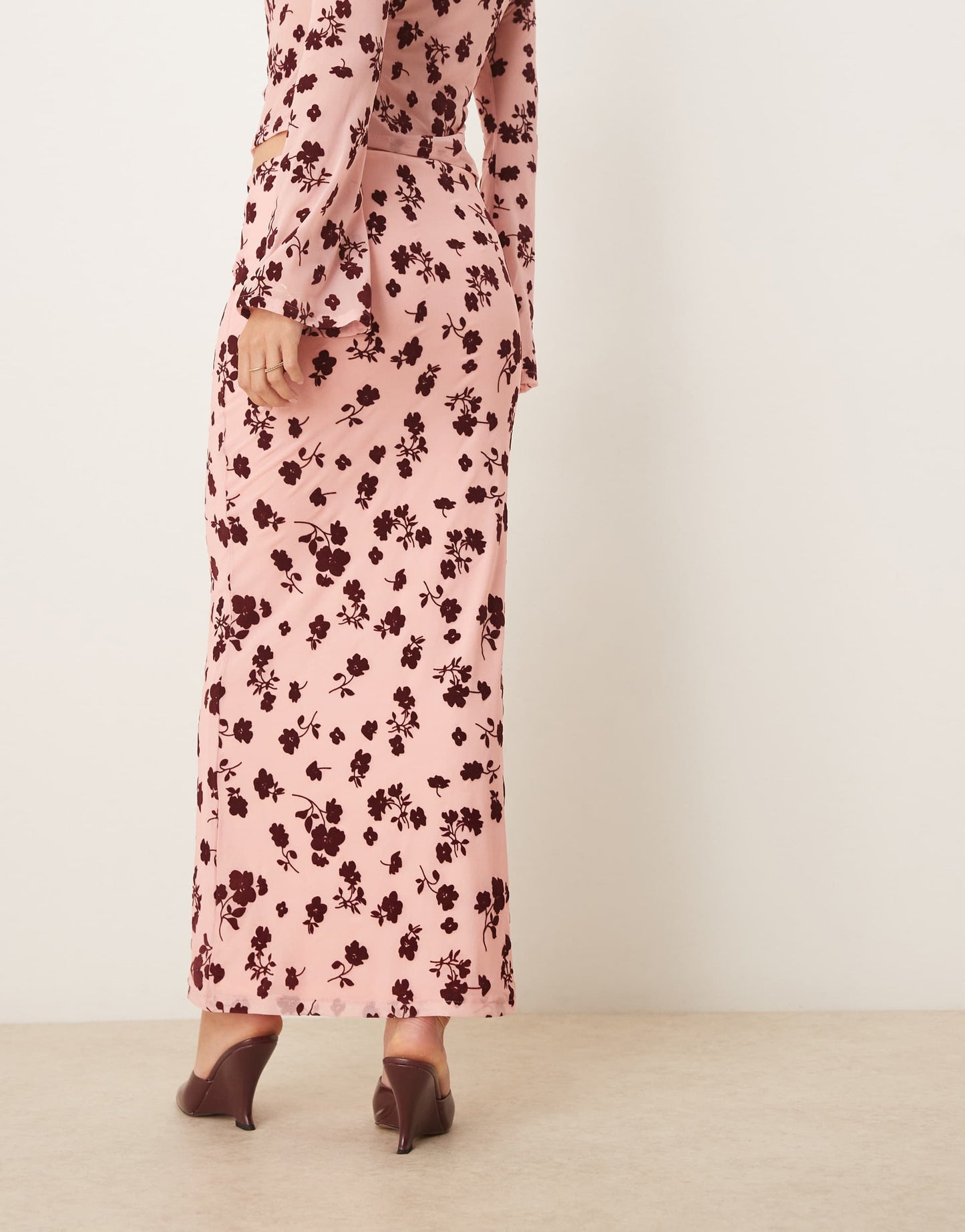 ASOS DESIGN maxi low rise floral flocked sheer skirt co ord in pink