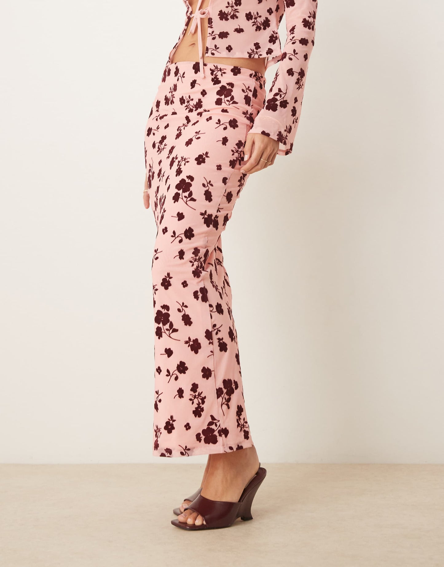 ASOS DESIGN maxi low rise floral flocked sheer skirt co ord in pink