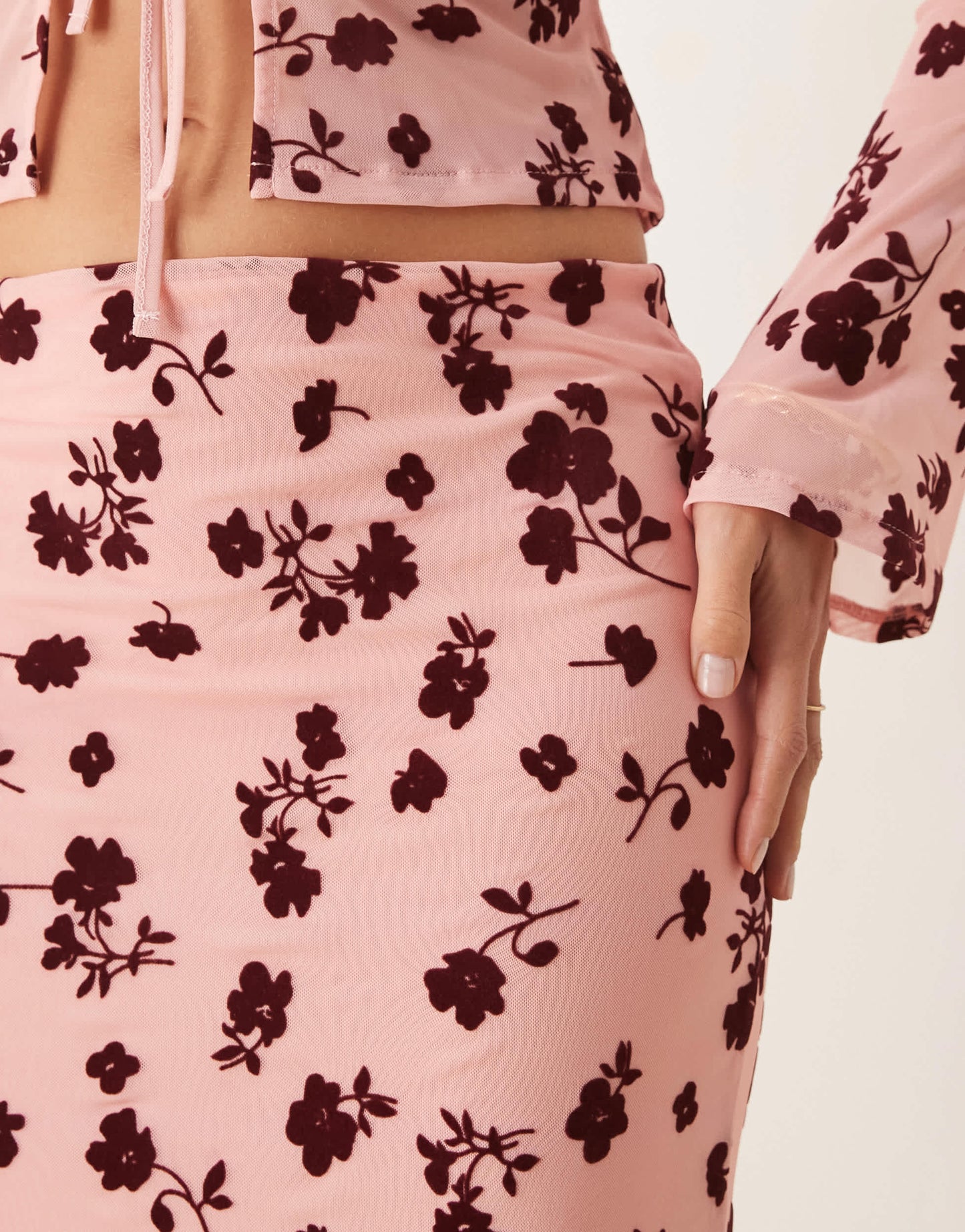 ASOS DESIGN maxi low rise floral flocked sheer skirt co ord in pink