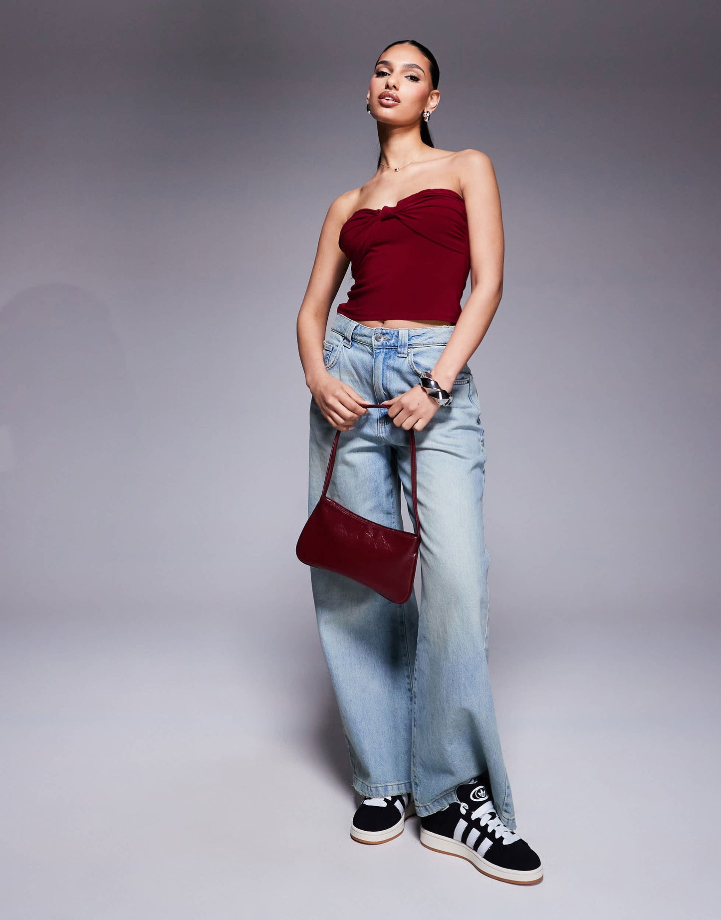 ASOS DESIGN bandeau top with twist knot detail in wine