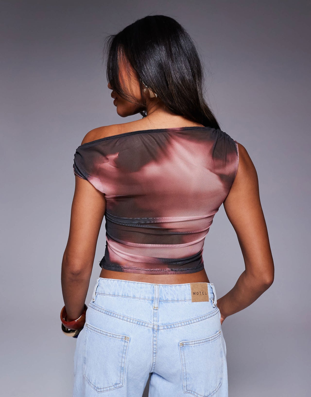 ASOS DESIGN gathered short sleeve off shoulder mesh top in abstract print