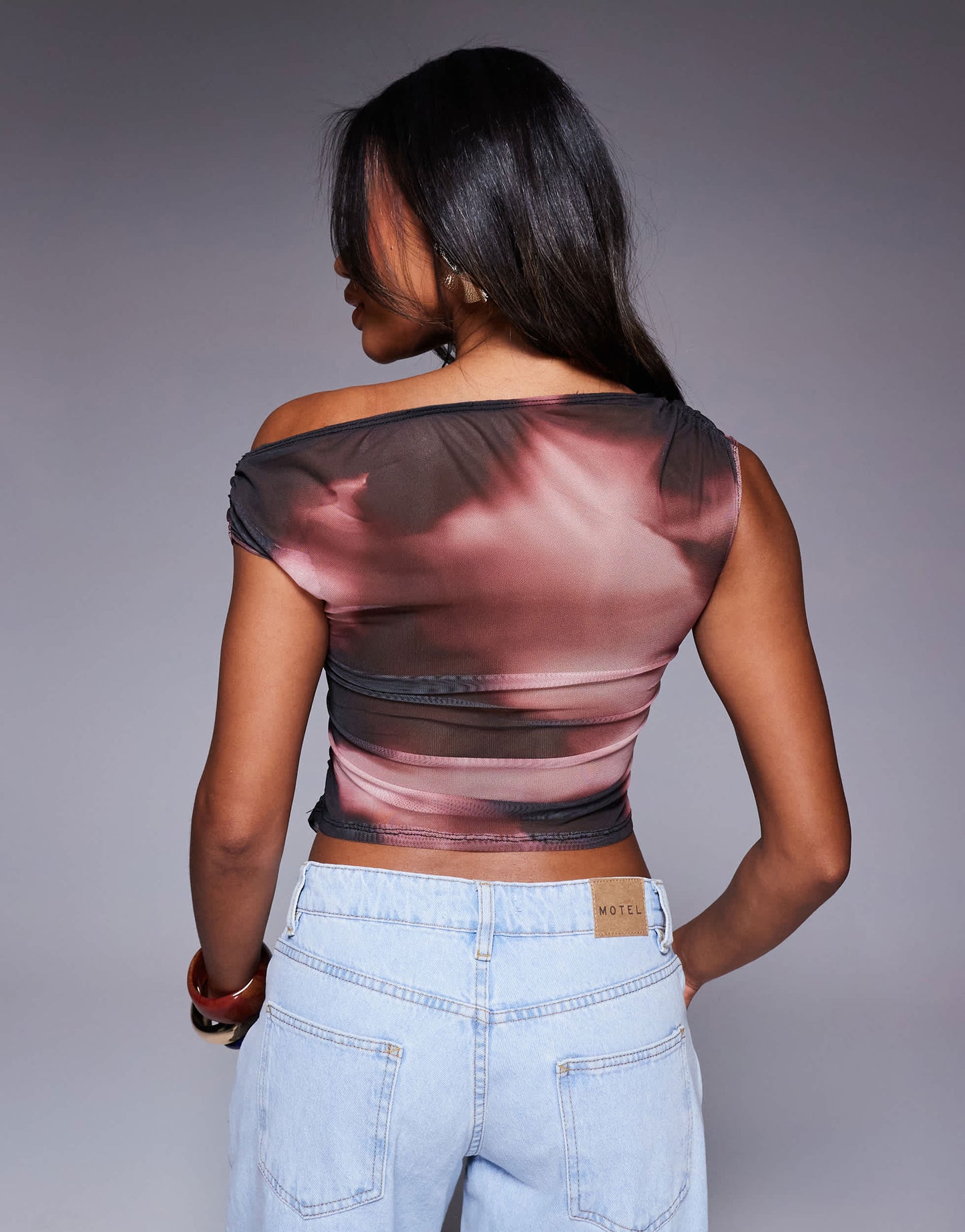 ASOS DESIGN gathered short sleeve off shoulder mesh top in abstract print