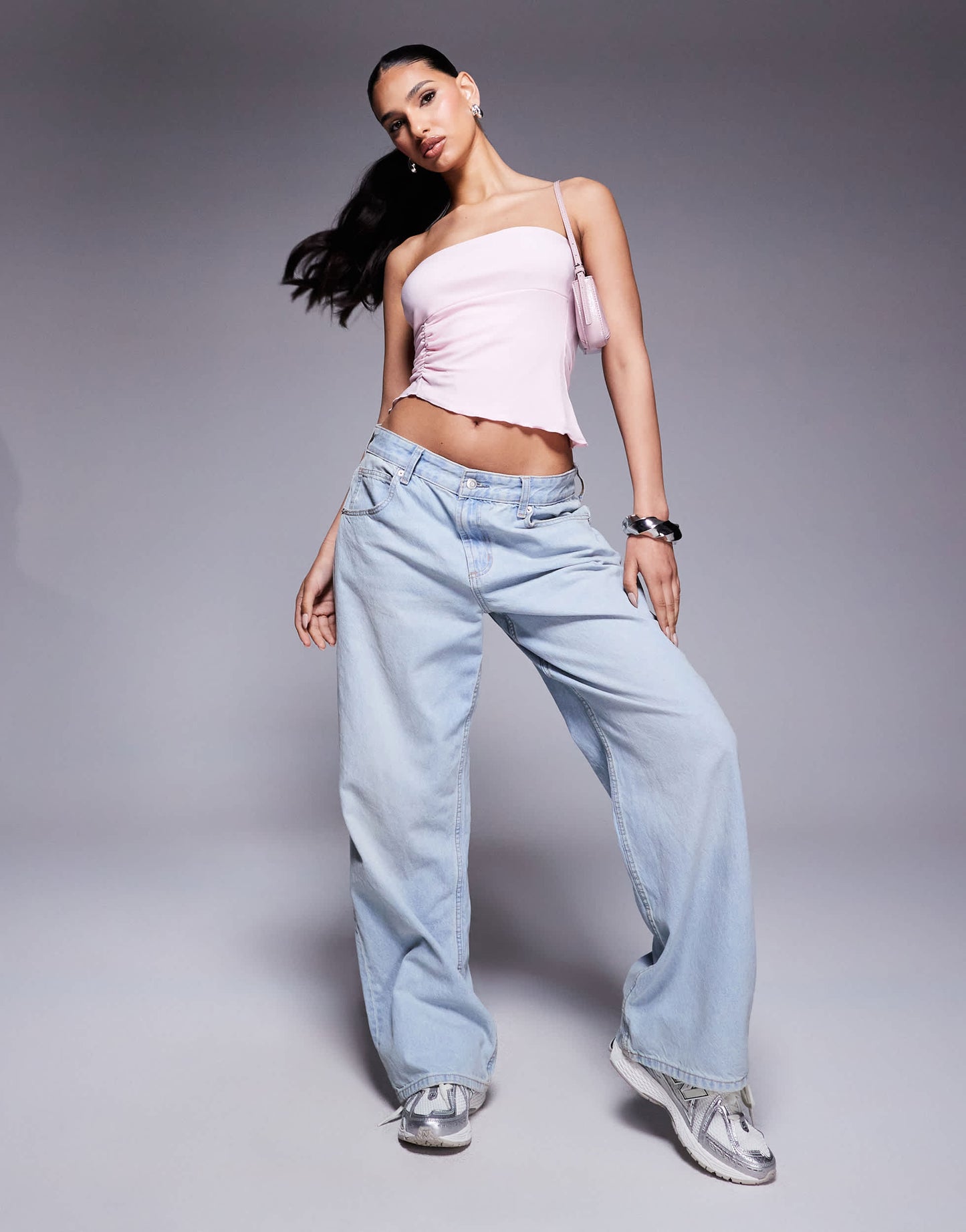 ASOS DESIGN slinky asymmetric bandeau top with ruched detail in pink