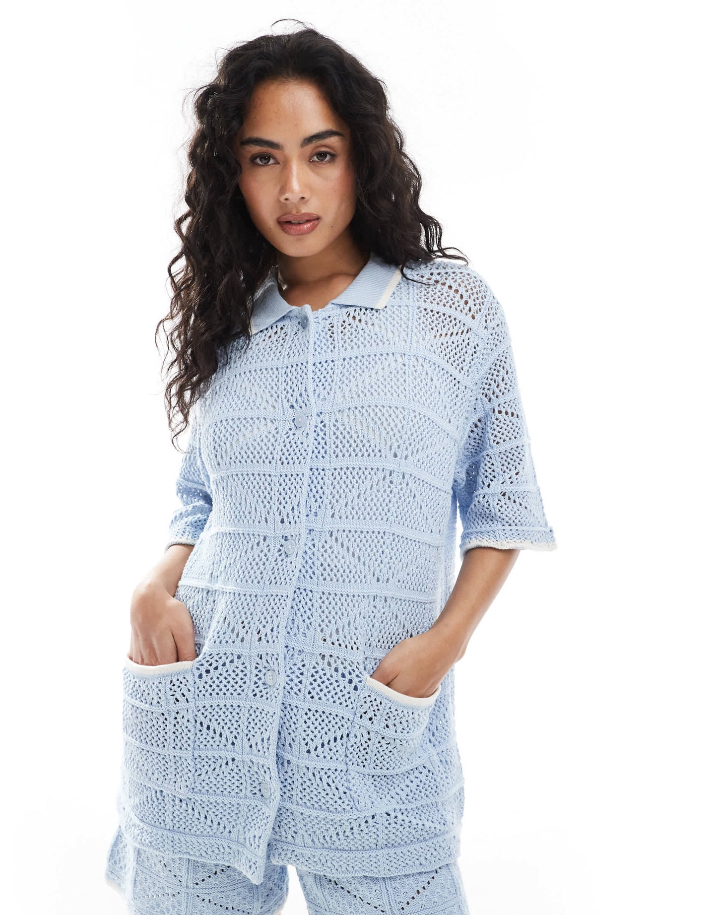 JJXX co ord crochet shirt in blue