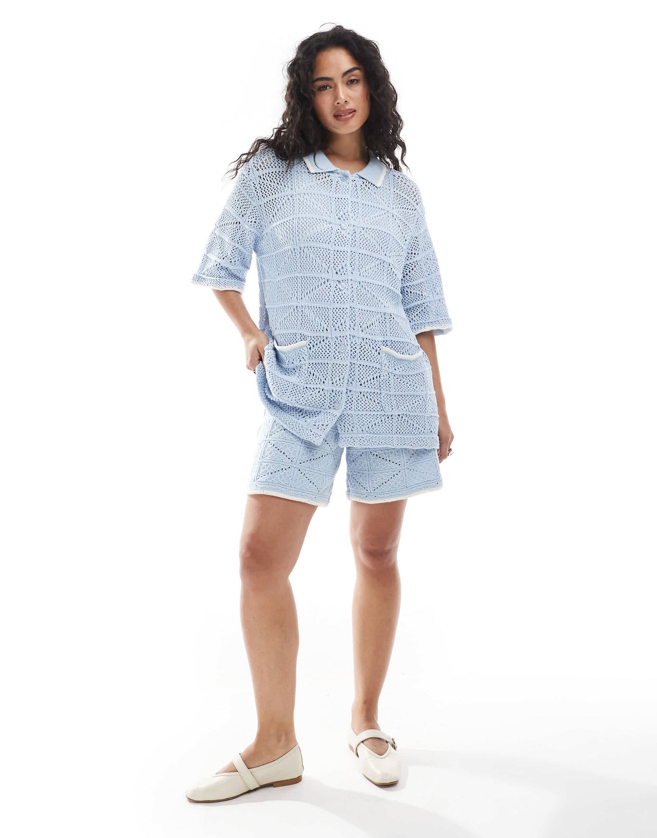 JJXX co ord crochet shirt in blue
