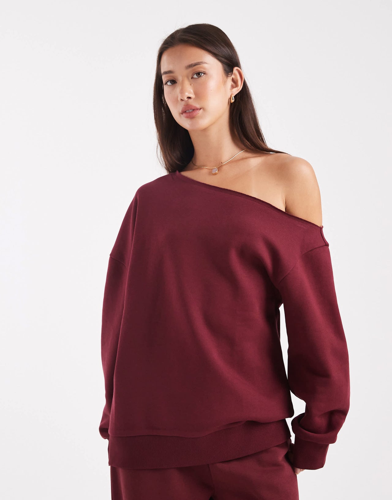 ASOS DESIGN off shoulder brushback sweatshirt in burgundy