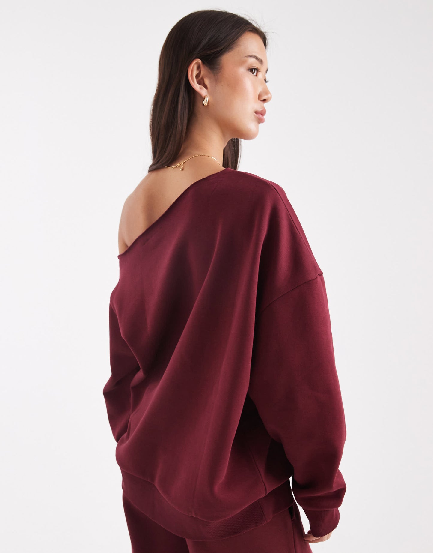 ASOS DESIGN off shoulder brushback sweatshirt in burgundy