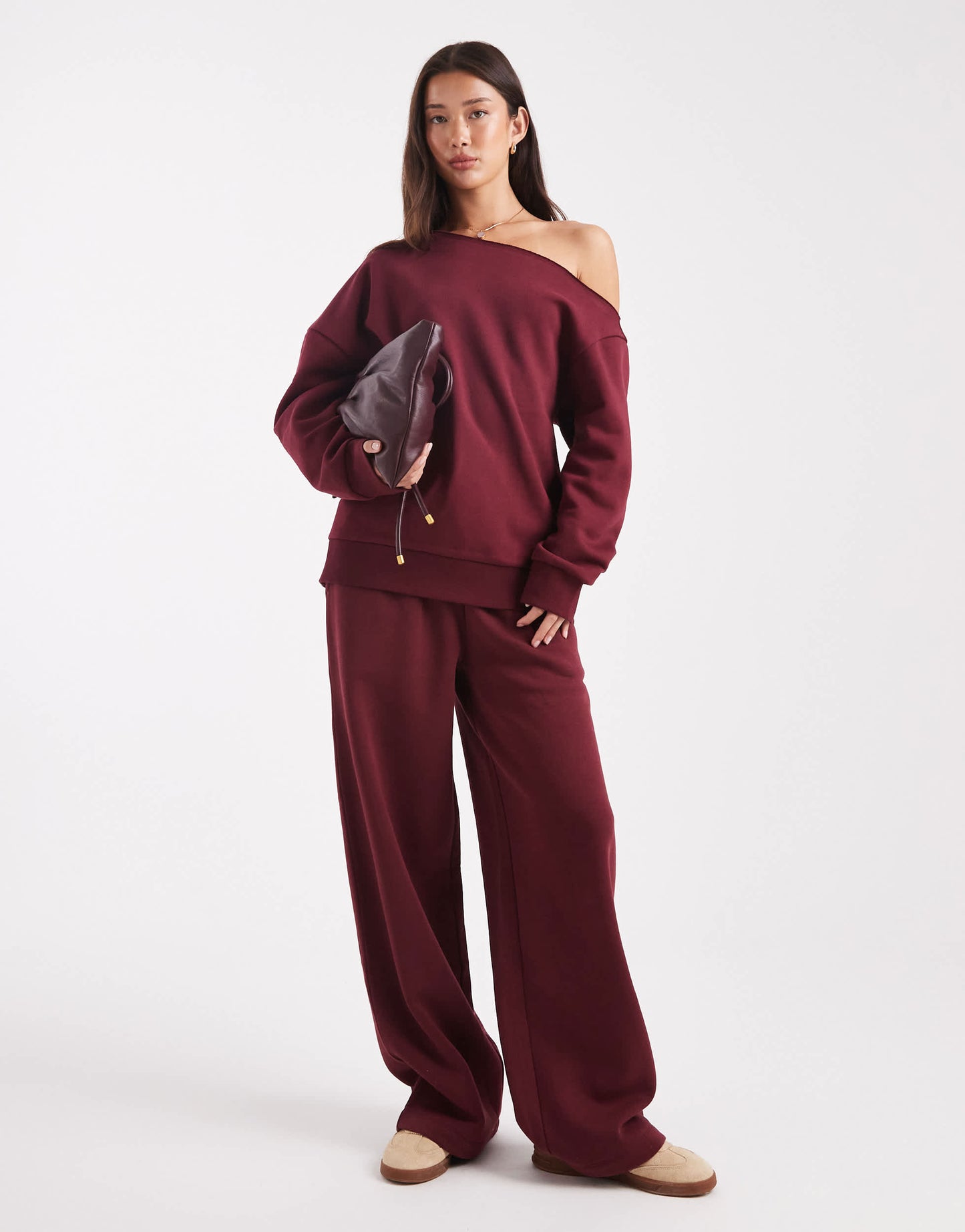 ASOS DESIGN off shoulder brushback sweatshirt in burgundy