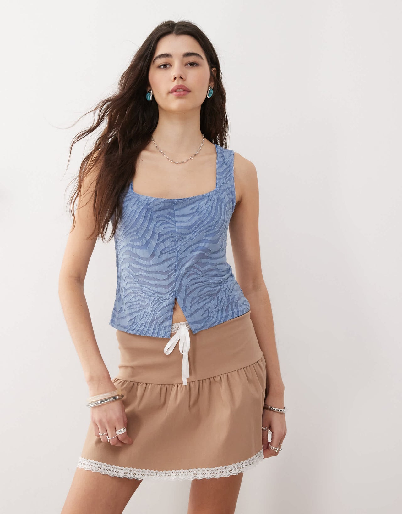 Reclaimed Vintage split front tank in blue flocked zebra print
