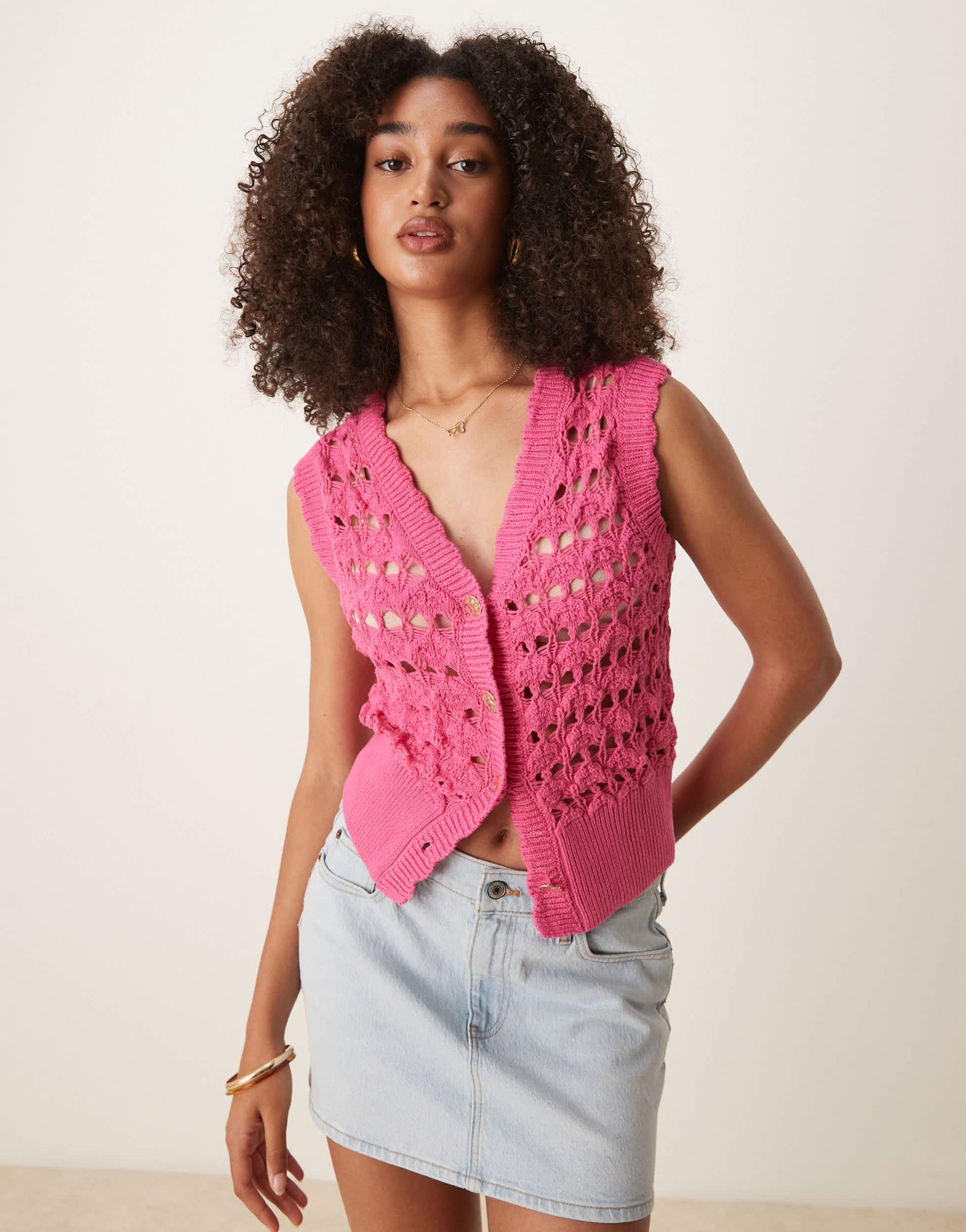 ASOS DESIGN crochet waistcoat with scallop trim and silver buttons in pink