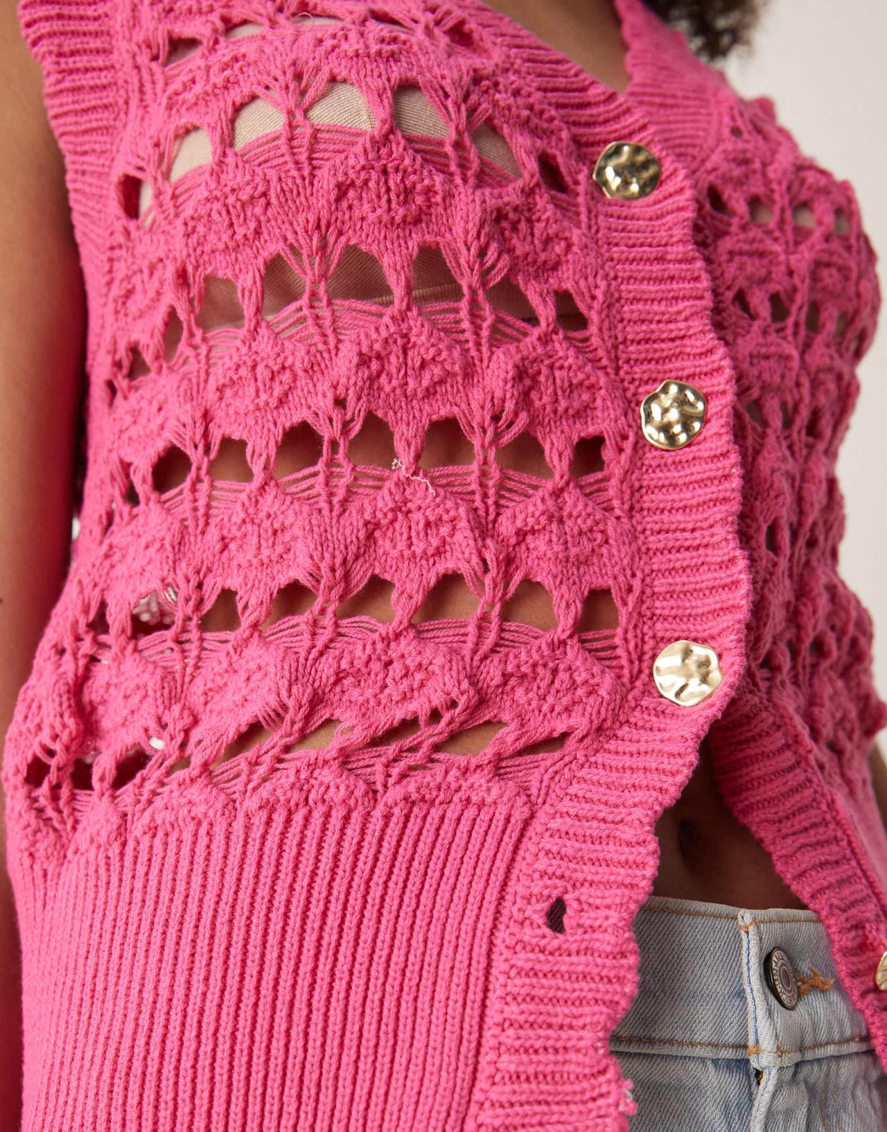ASOS DESIGN crochet waistcoat with scallop trim and silver buttons in pink