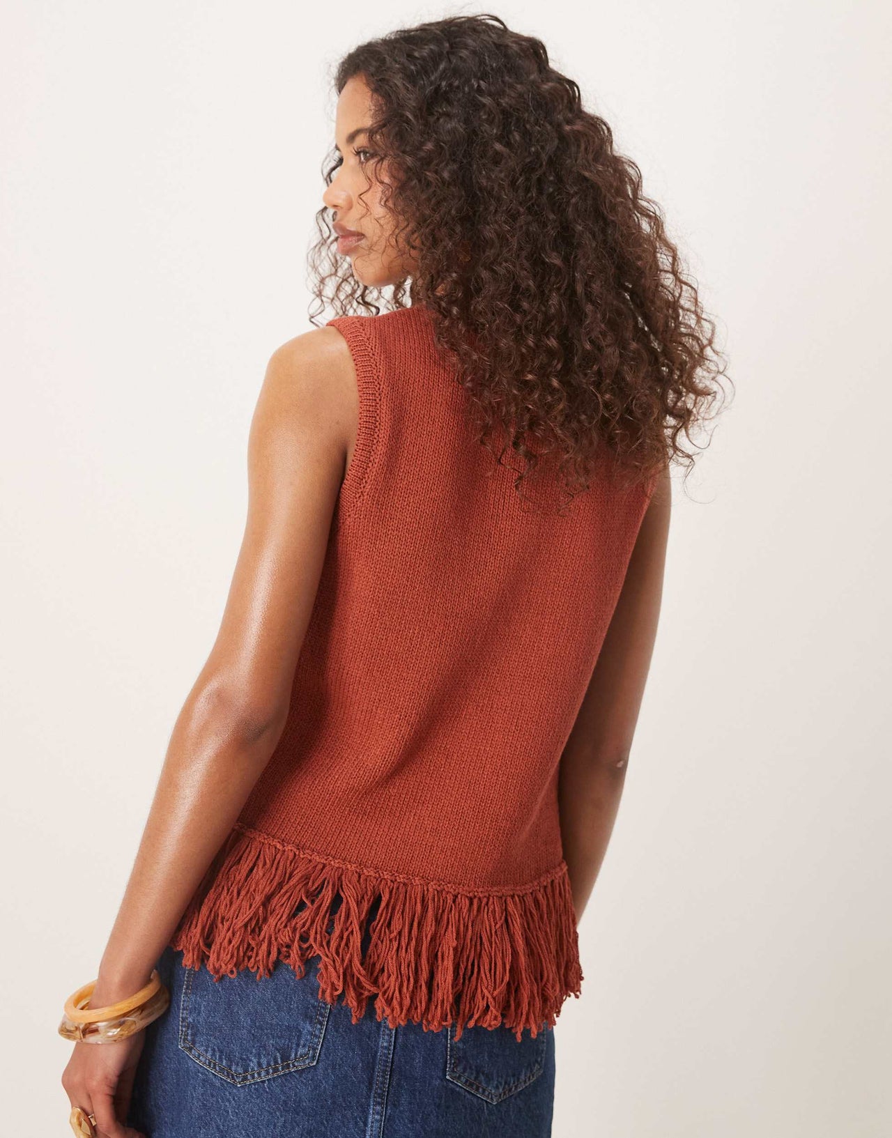 ASOS DESIGN clean knitted fringed tank in rust