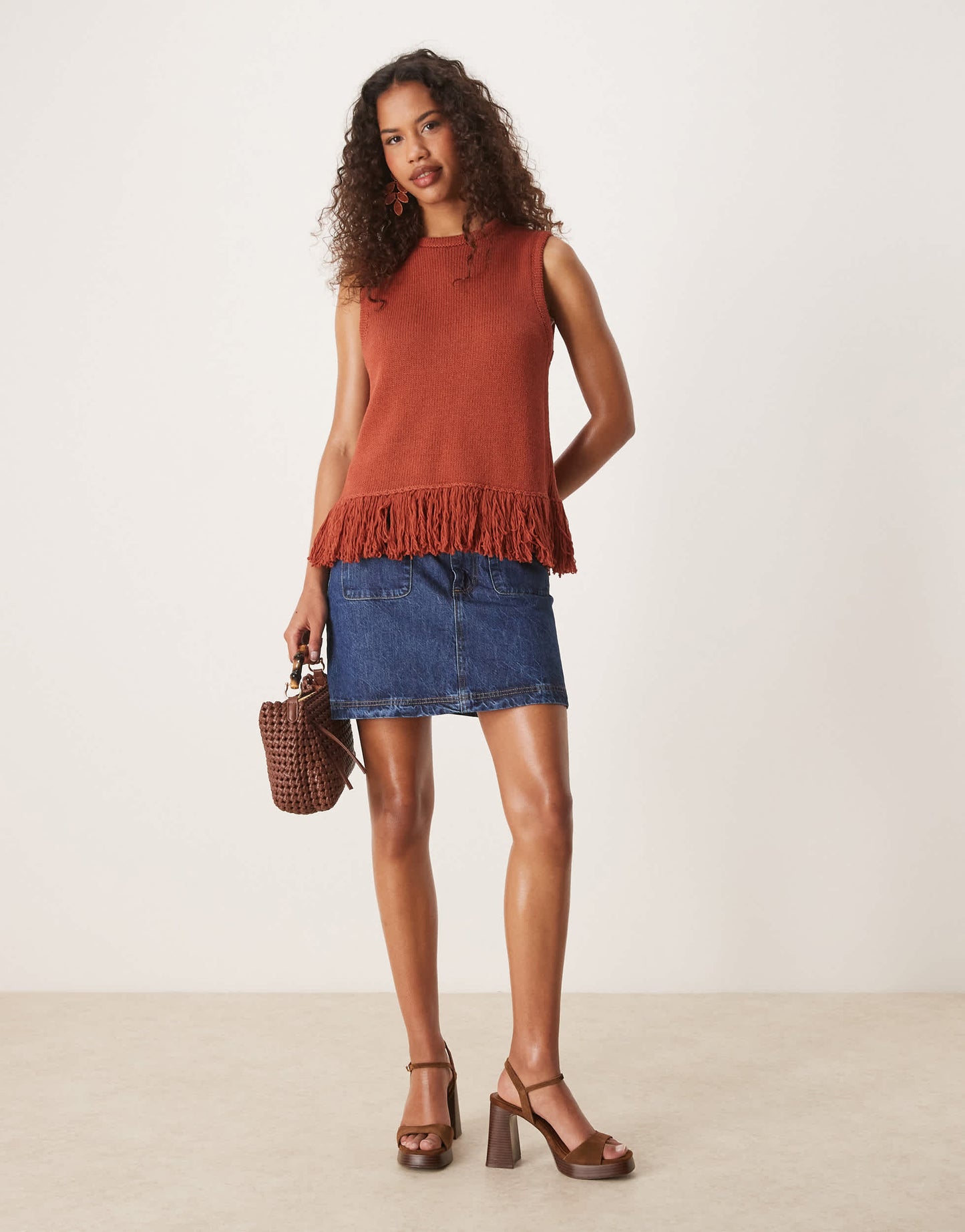 ASOS DESIGN clean knitted fringed tank in rust