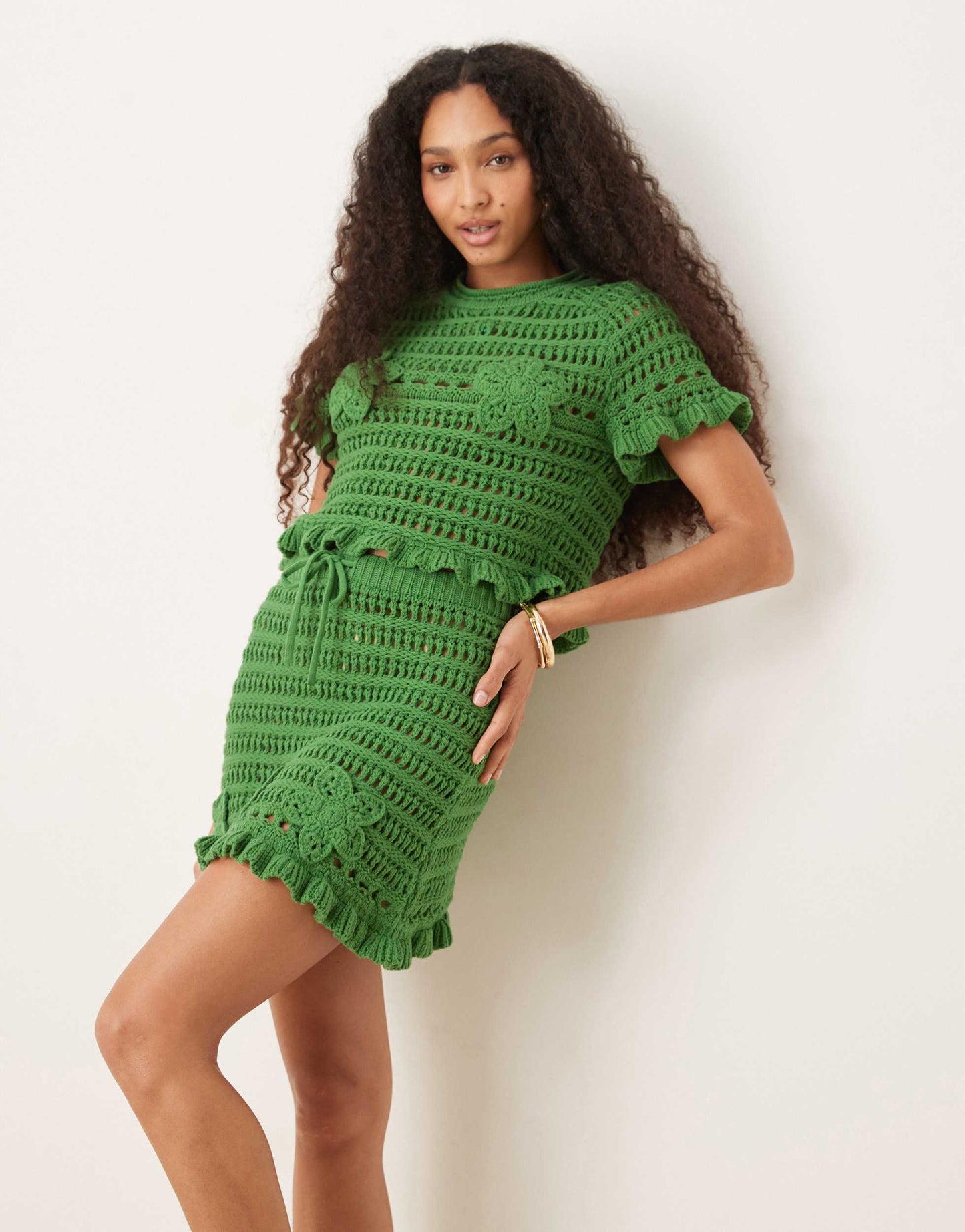 ASOS DESIGN co-ord open stitch t-shirt with crochet applique in khaki