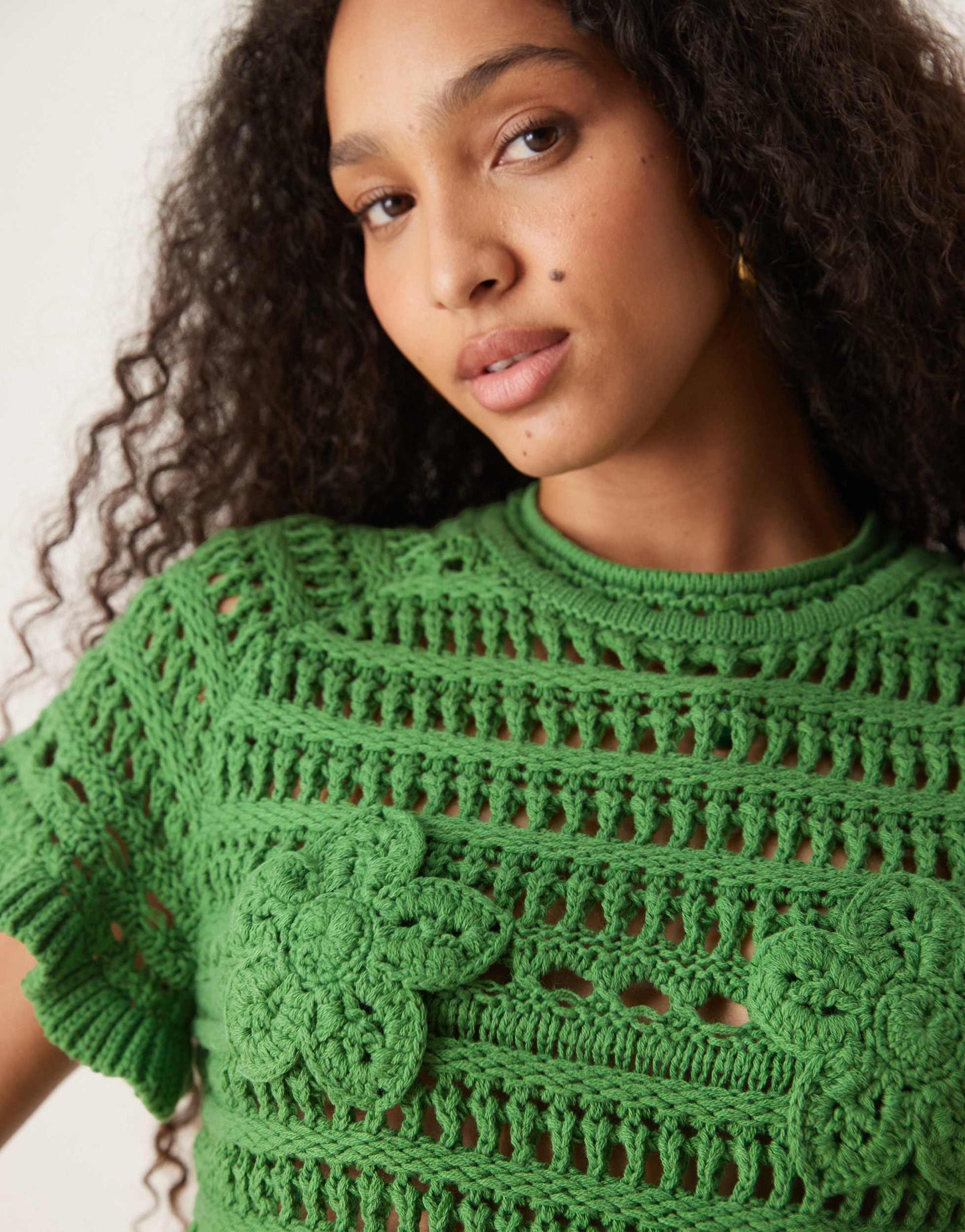 ASOS DESIGN co-ord open stitch t-shirt with crochet applique in khaki